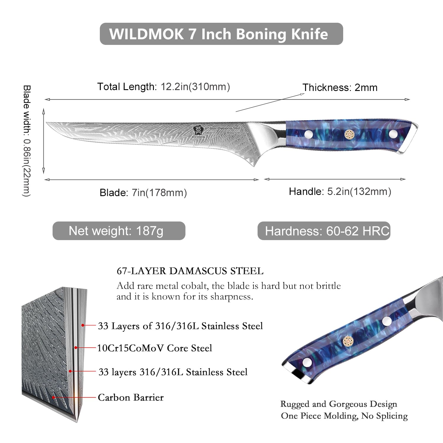 WILDMOK Damascus Boning Knife, 7 inch Super Sharp Fillet Knife, Japanese Damascus Steel, Full Tang Resin Handle, Includes Gift Box — Amazon image 2