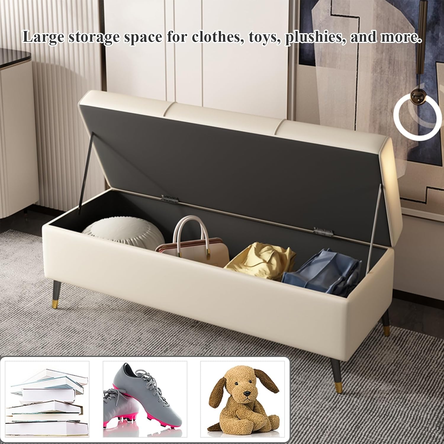 Long Faux Leather Pouf – Rectangular Entryway Bench with PU Leather Cushion for Living Room & Bedroom Stylish Storage Ottoman – Elegant Gray Design