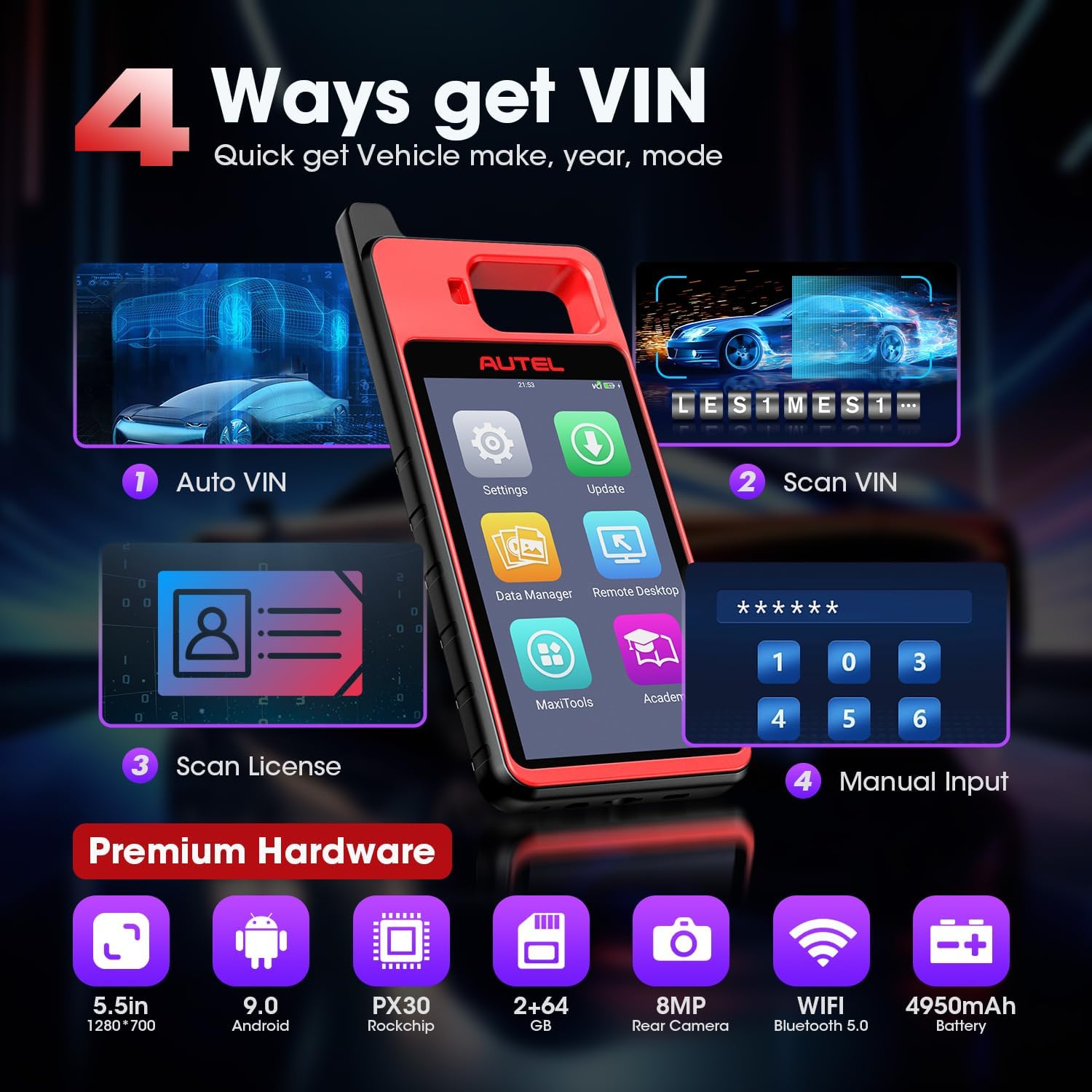 Four methods for obtaining vehicle VIN using the Autel KM100X: Auto VIN, Scan VIN, Scan License, and Manual Input.