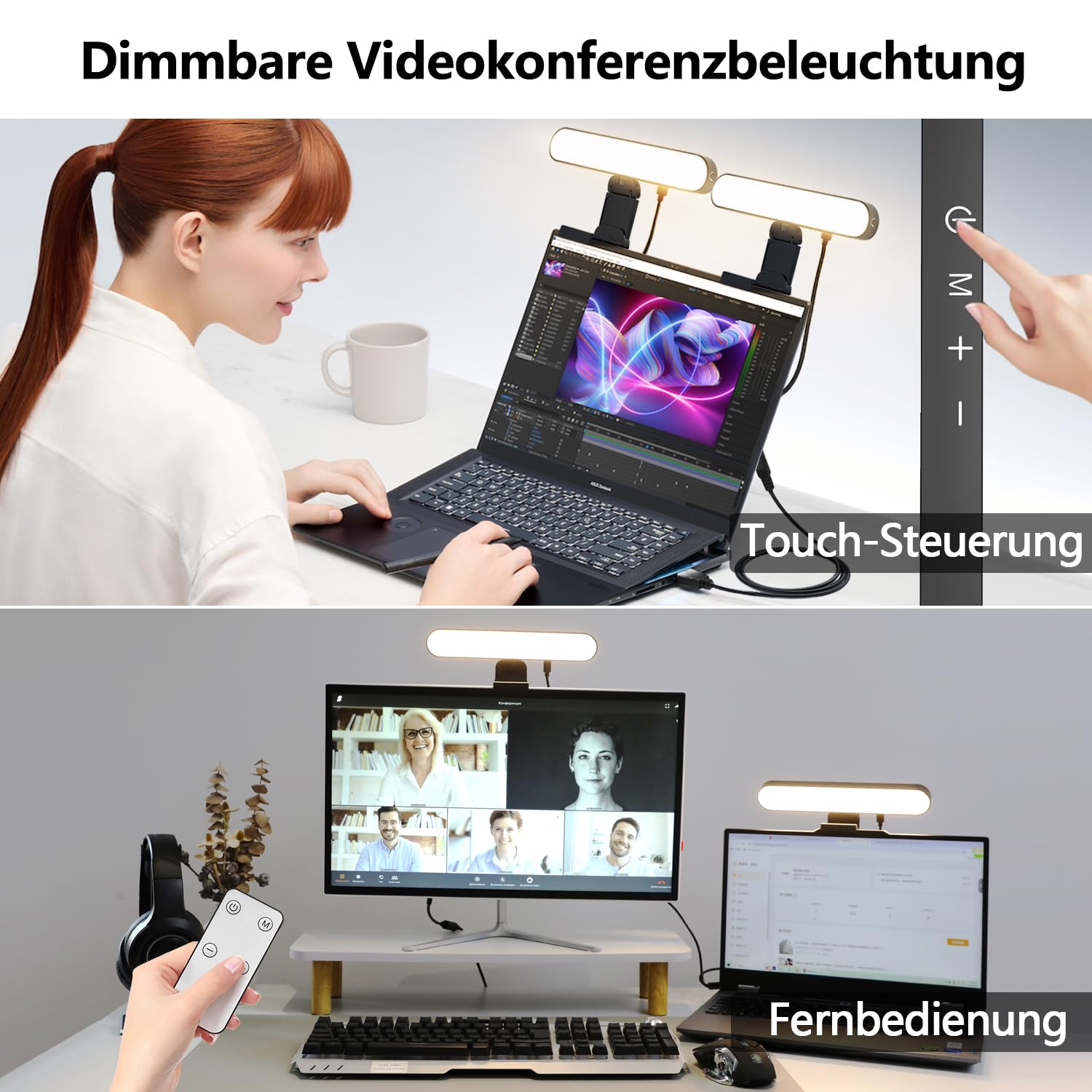 yAyusi Videokonferenzbeleuchtung mit Zwei Lampen, Webcam-Licht mit Fernbedienung und Touch-Steuerung, Zoom-Beleuchtung für Computer, LED-Monitor-Laptop-Licht für Streaming/Videoanrufe/Zoom-Meetings