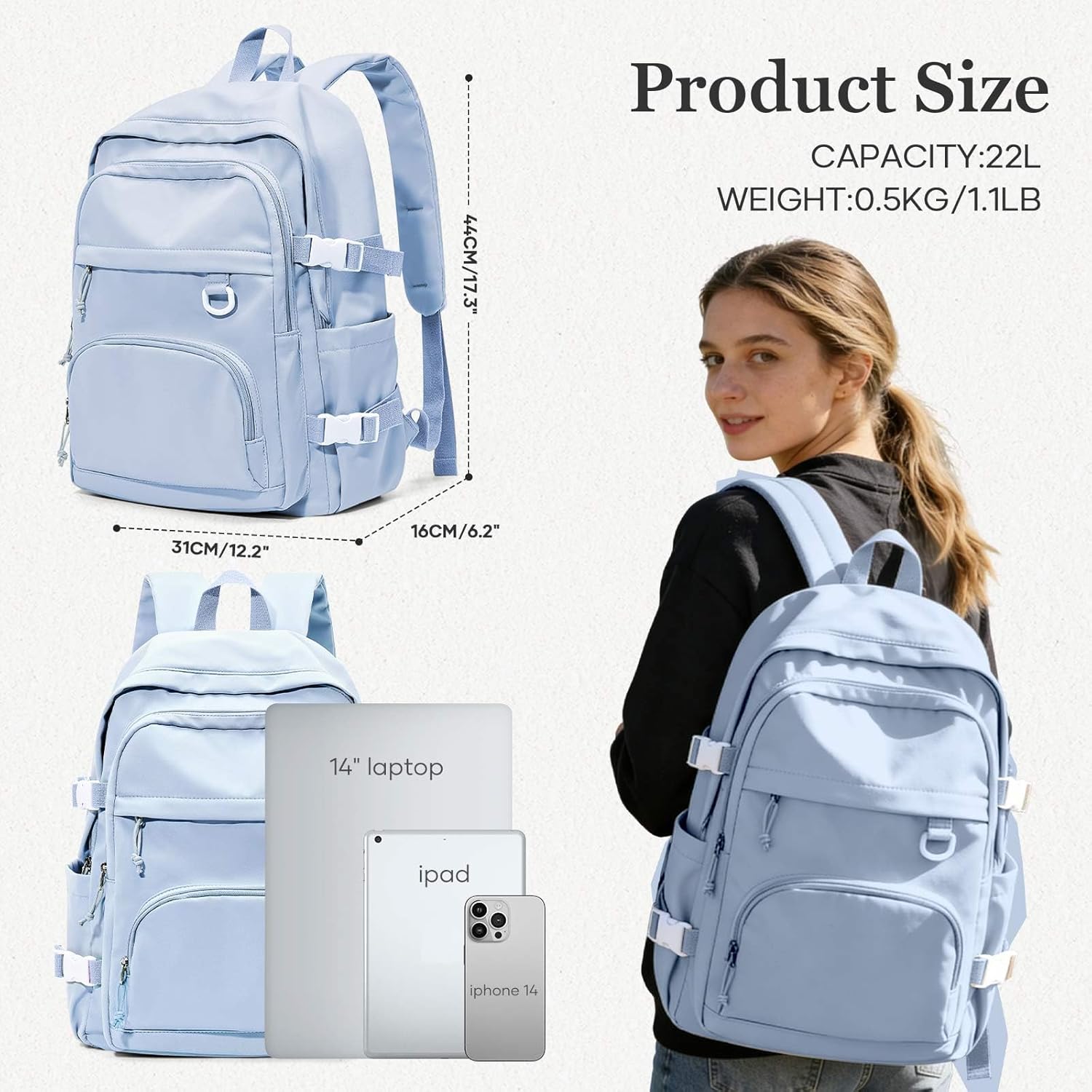 Lightweight College Backpack for Women Men Cute School Bag for Teens Girls Boys High School Backpack for Students Waterproof Casual Daypack Backpack(Milky Blue) - Image 2
