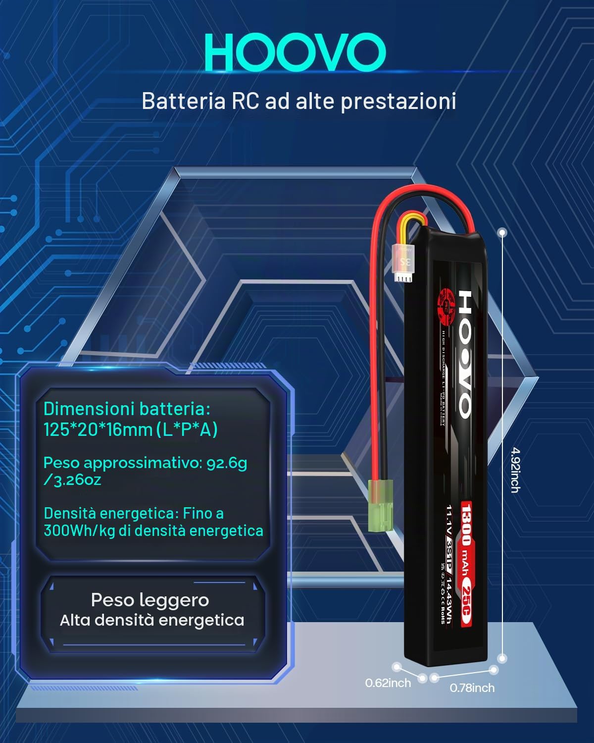 Batteria ricaricabile 3S 11,1V 1300mAh 25C Airsoft Lipo con spina Mini Tami ya HOOVO per AEG con spazio relativamente piccolo (2 pezzi)
