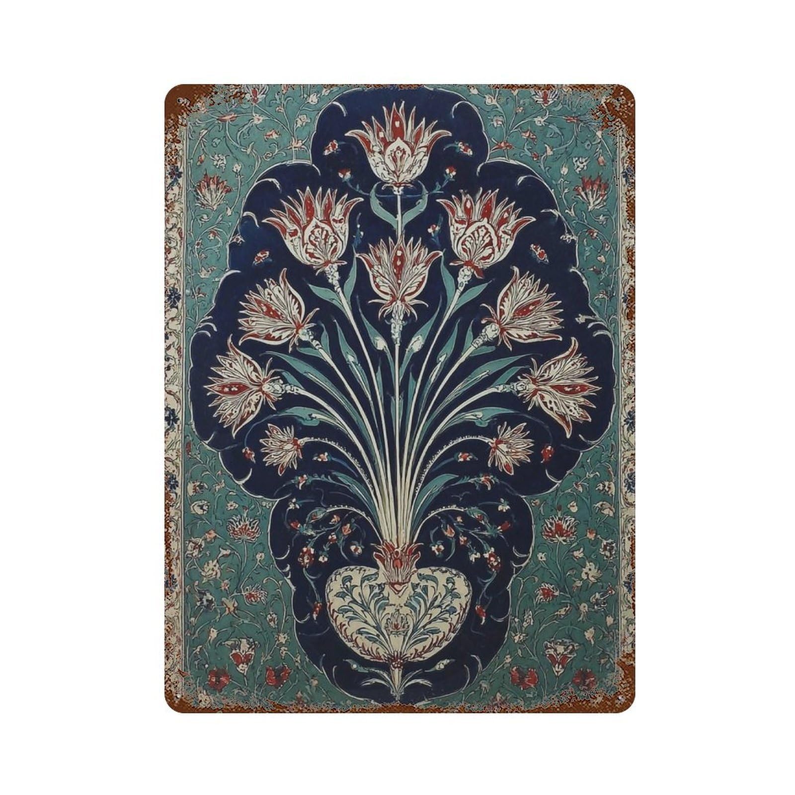 xiaoxiaoshen Persian Floral Intricate Middle Eastern Pattern Teal & Navy Decorative Wall Decor Art Metal Tin Poster Modern Home Decor Art Home Bar Shop Decorations Vintage Sign 40x30cm
