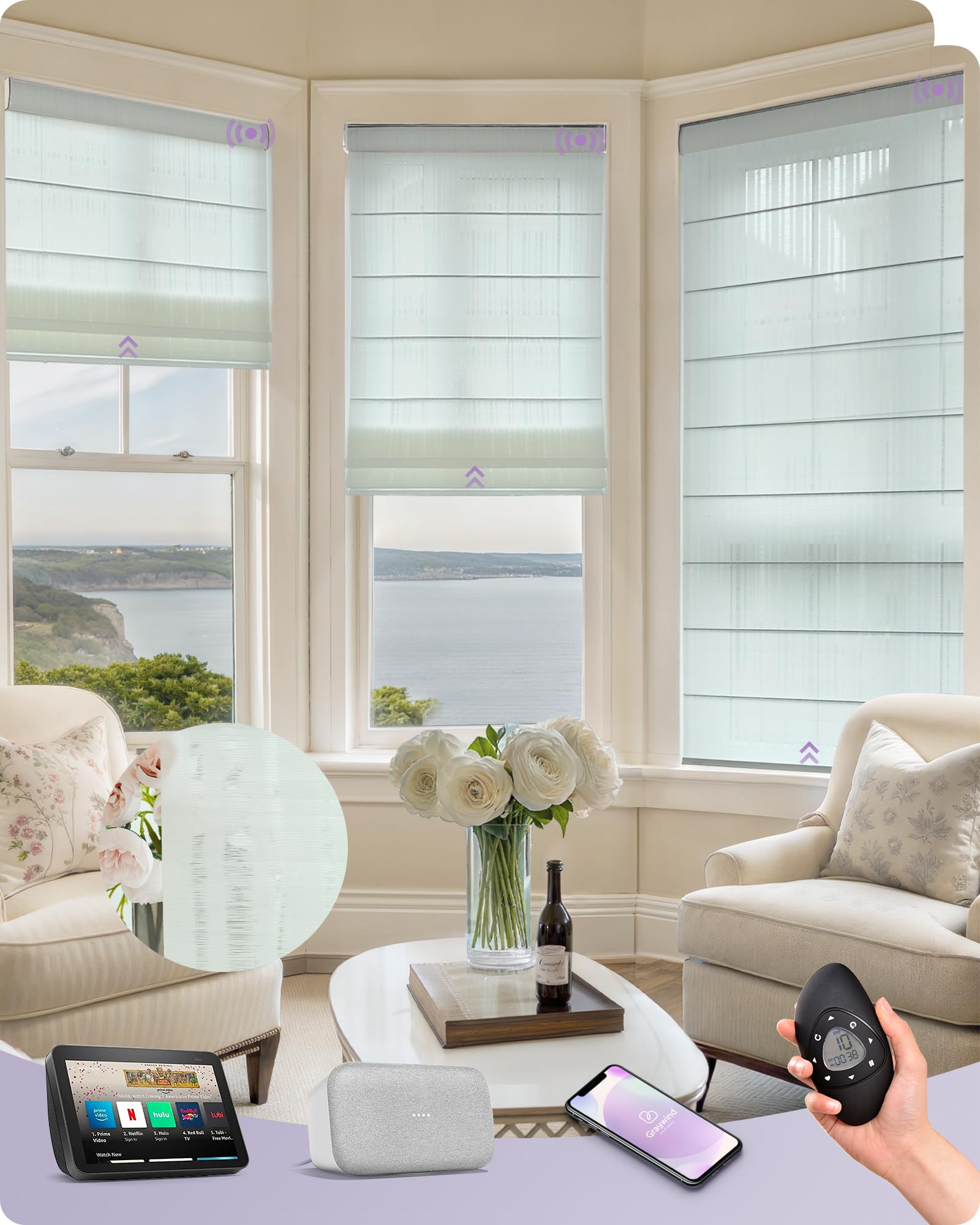 Graywind Smart Natural Roman Shades Compatible with Alexa Google Rechargeable Light Filtering Motorized Blinds with Remote Plain Fold for Doors