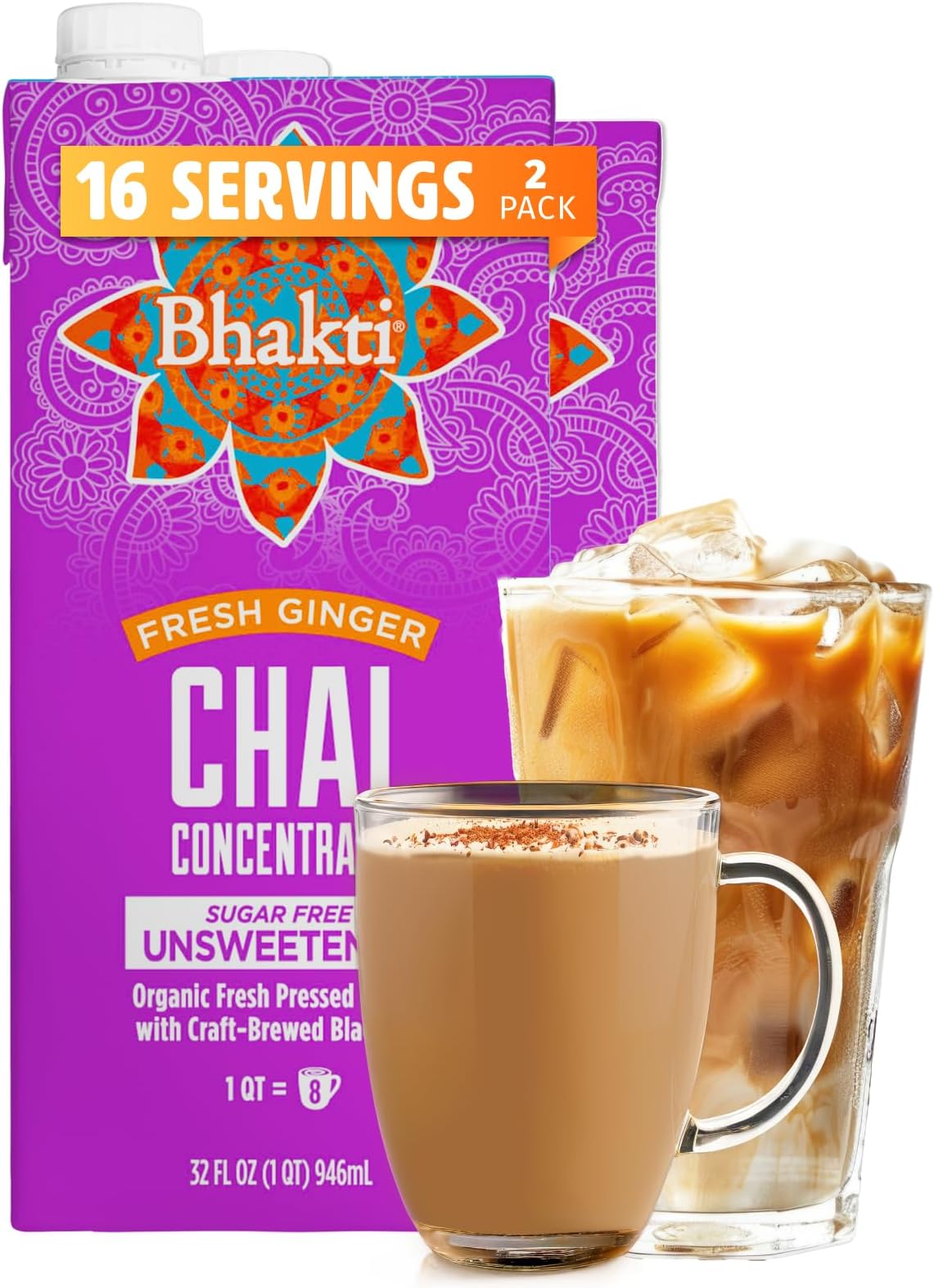 Chai Tea Concentrate | Unsweetened Sugar-Free Tea, Organic Fresh Ginger, Black Tea, Spiced, Dairy-Free, Vegan (Pack of 2) (16 Servings)