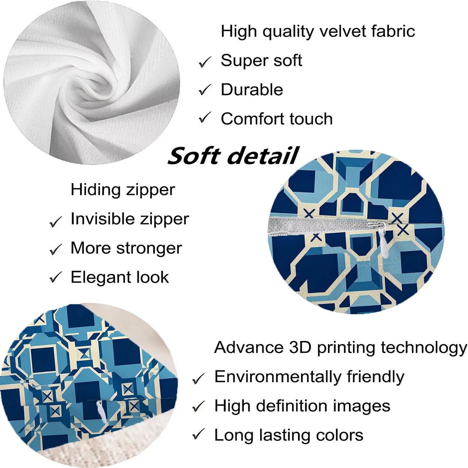Blu Federe Cuscini Divano 50x50cm, Cuscini da Esterno Set de 4, Cod-103 | Velour Copricuscini Decorativi Letto Arredo, per Letto, Soggiorno, Giardino, Esterno, Casa Decorazione Set di 4 Geometria