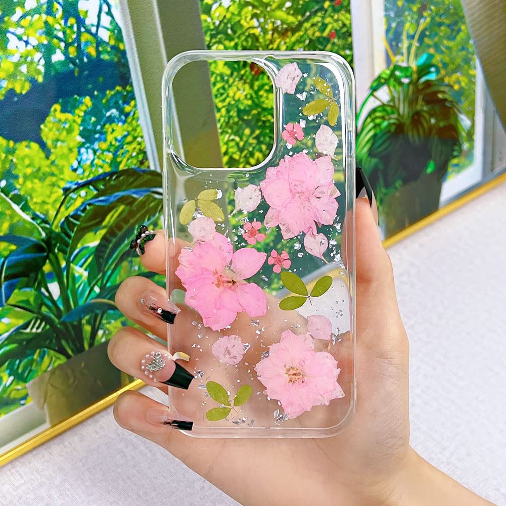 Abbery Custodia IPhone 13 Pro Max Con Fiori Secchi Veri E Glitter – Trasparente – Margherita Bianca – Morbida TPU