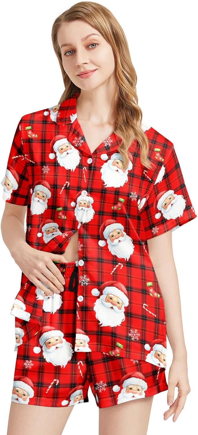 Womens Pajamas Set 2 Piece Satin Short Sleeved Pjs Button Notch Collar Loungewear Party Sleepwear Sets - Image 4