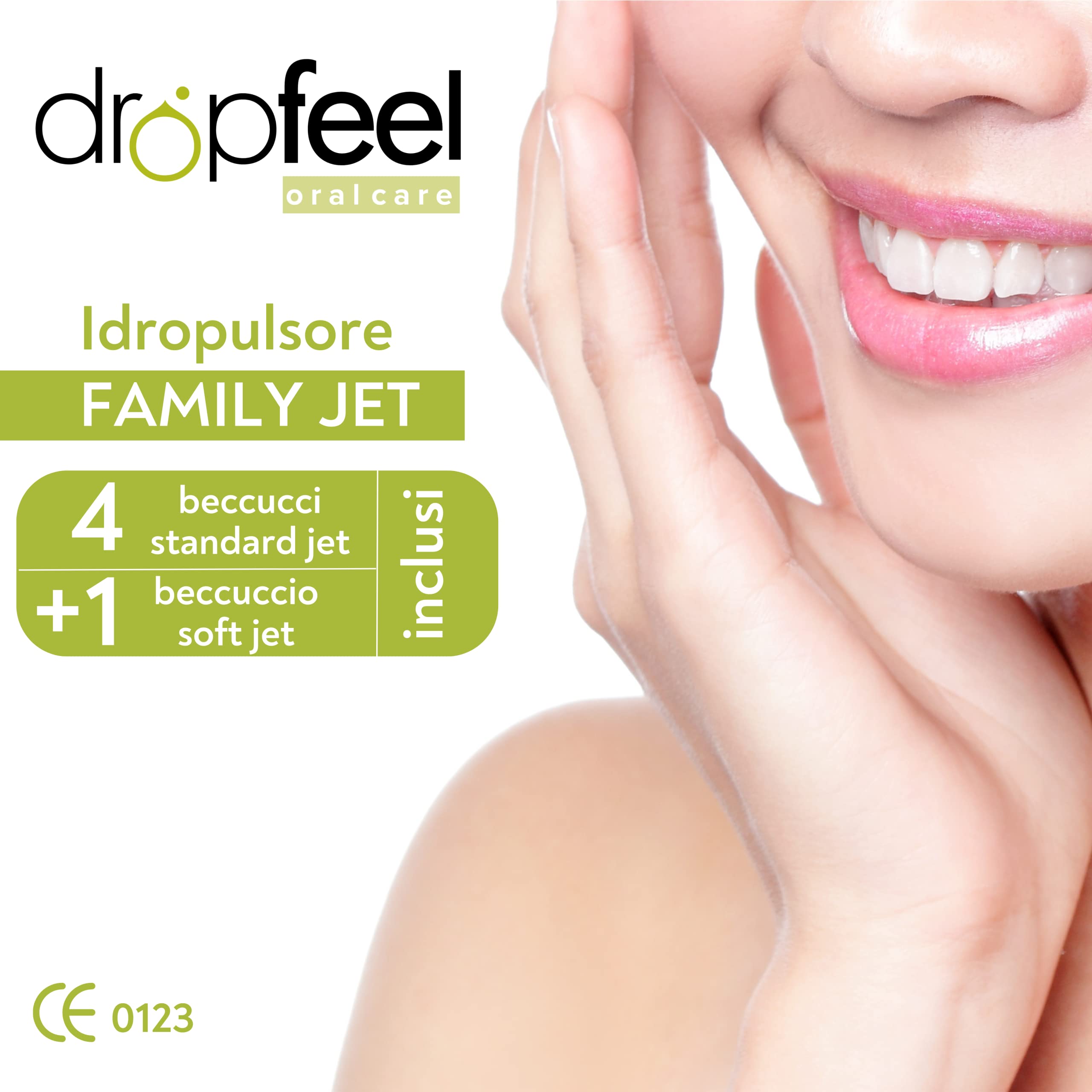 Irrigador dental profesional Family Jet, 5 boquillas incluidas, depósito de 500 ml, 4 niveles de presión, elimina placa y residuos, para aparatos y encías sensibles, fijación a la pared
