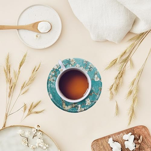 Miniatura 6 de Posavasos para bebidas de piel sintética, juego de 6 con soporte, regalo de inauguración de la casa, decoración del hogar, flores de almendras