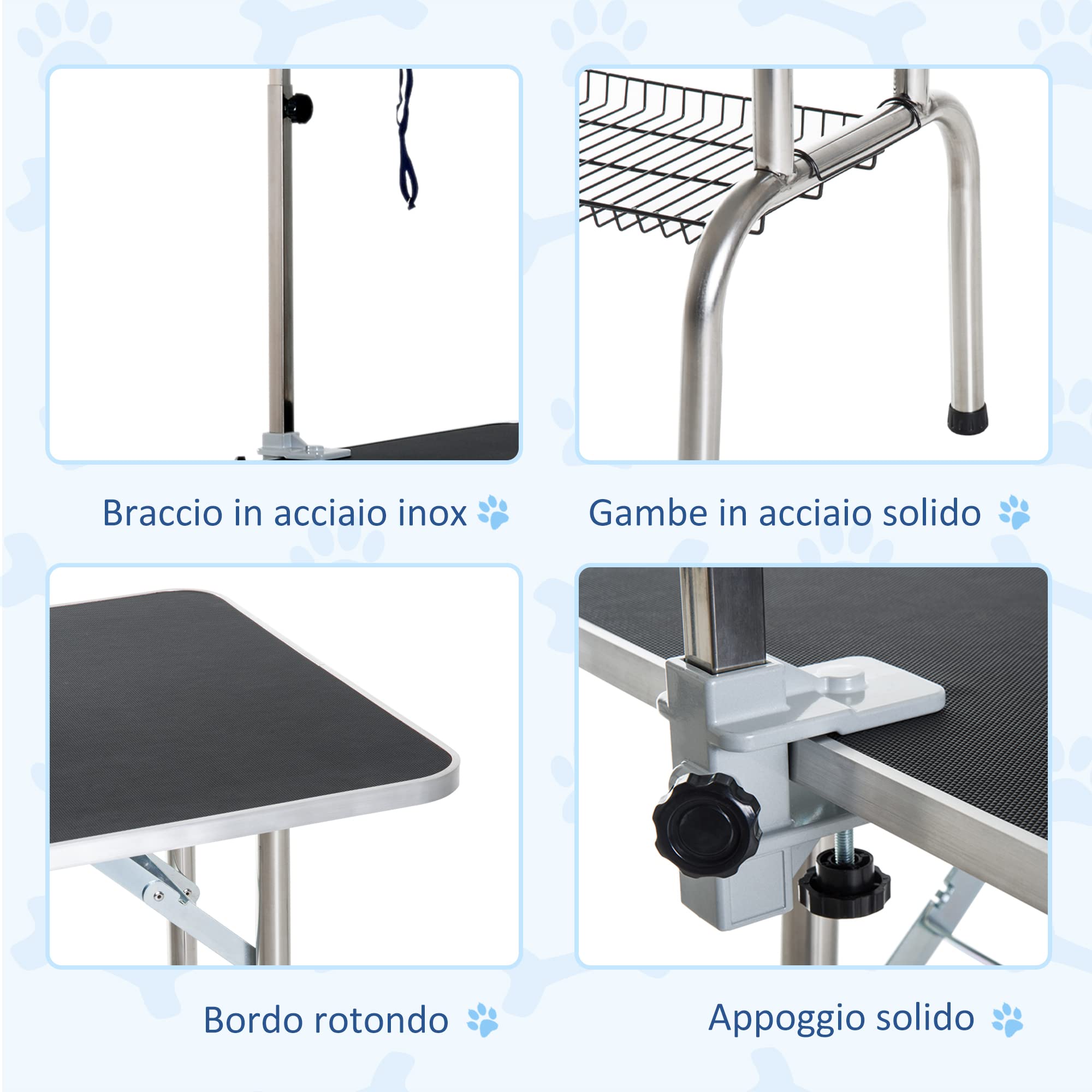 PawHut Tavolo da Toelettatura e Tosatura con Ripiano e Gambe Pieghevole | per Cani, Gatti e Animali, Gambe in Acciaio Inox, Carico 150kg, 90x60x75cm