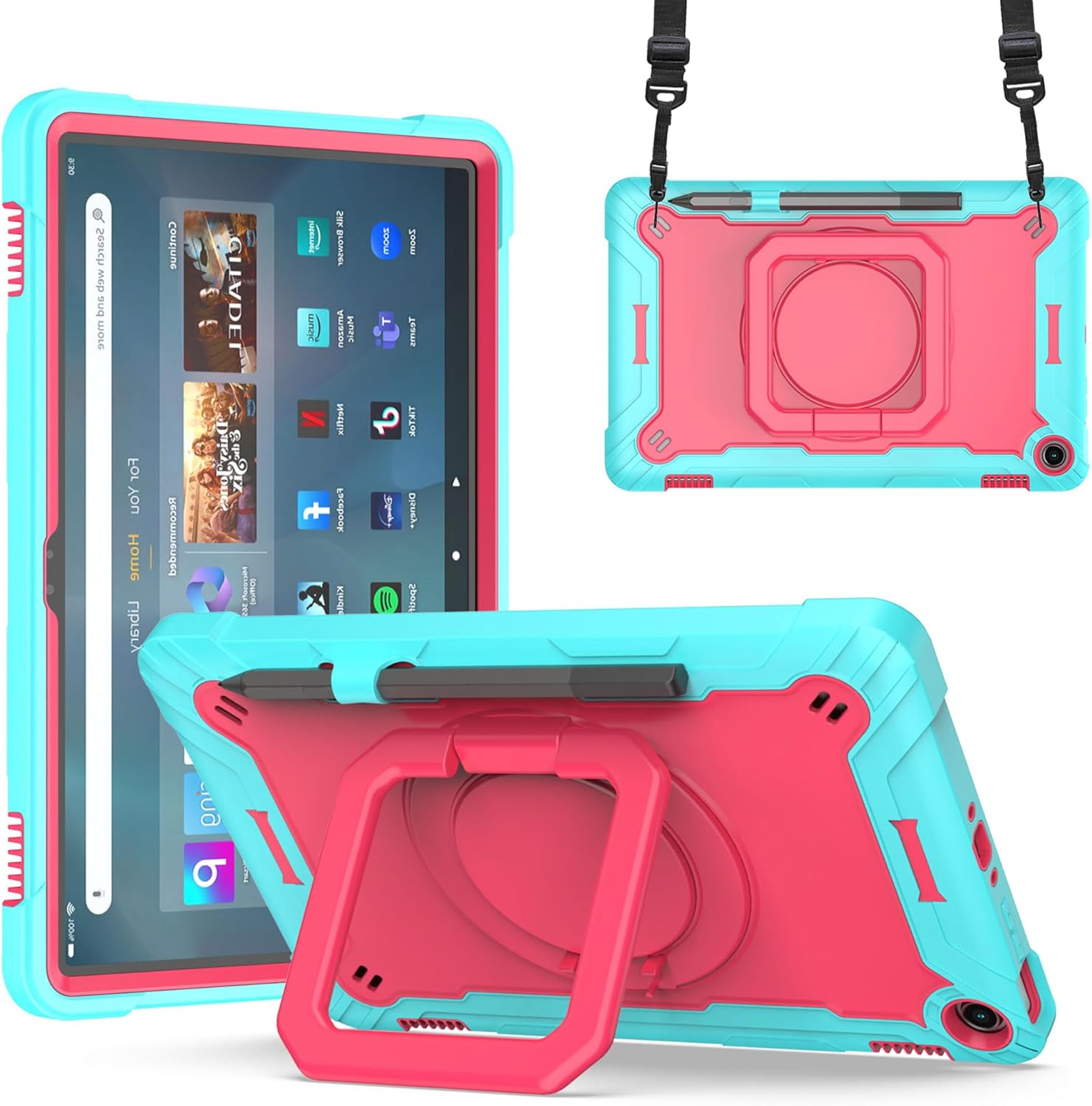 Case for Amazon Fire Max 11 inch Tablet (13th Generation, 2023 Release) Hybrid Shockproof 360 Rotating Multi-Functional Ring Stand Case with Shoulder Straps (Black/Black)