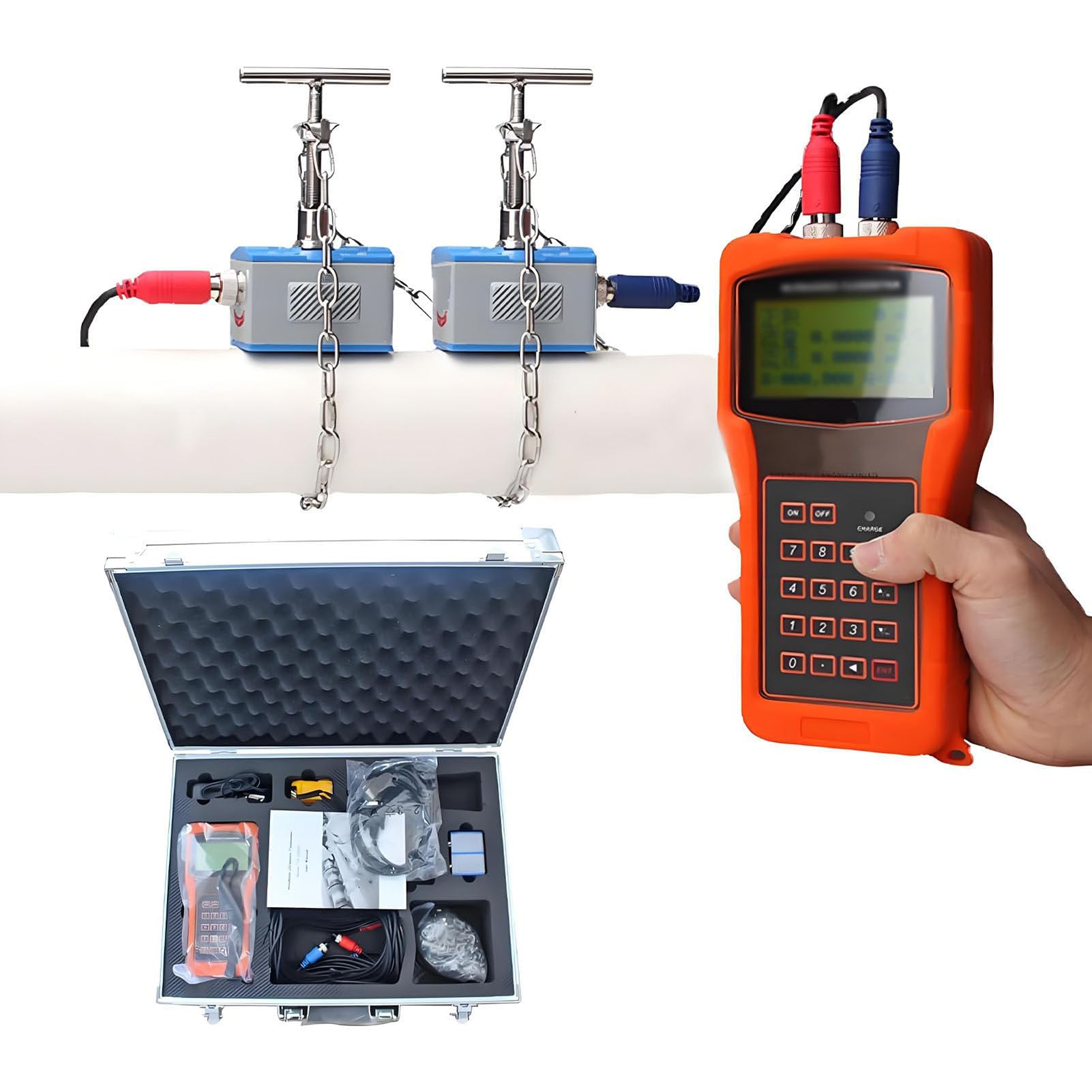 Handheld Ultrasonic Flow Meter, Ultrasonic Water Flowmeter, Easy to Use for Copper PVC Pipe DN15~DN6000mm Temperature Range -30-90℃/-30-160℃ Accurate Measurement