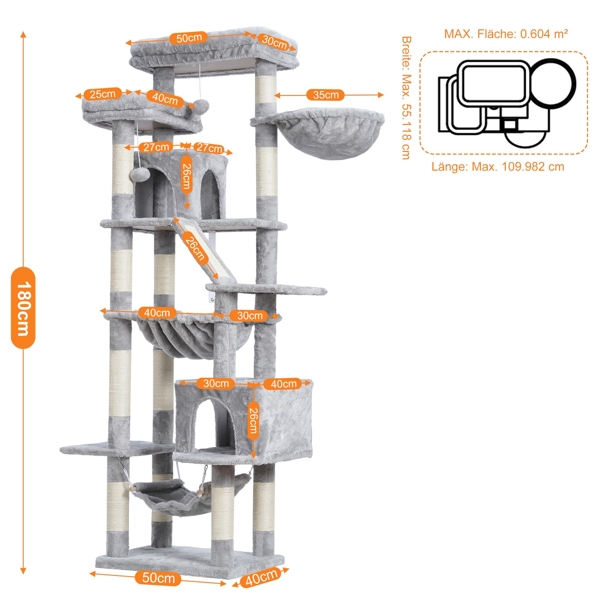 Heybly Rascador para Gatos, Torre De 180 cm, 2 Plataformas, 2 Cabañas, 2 Hamacas, Panel para Arañar. Gran Mueble para Gatos con Espacio De Dormir, Gris Claro HCT034W