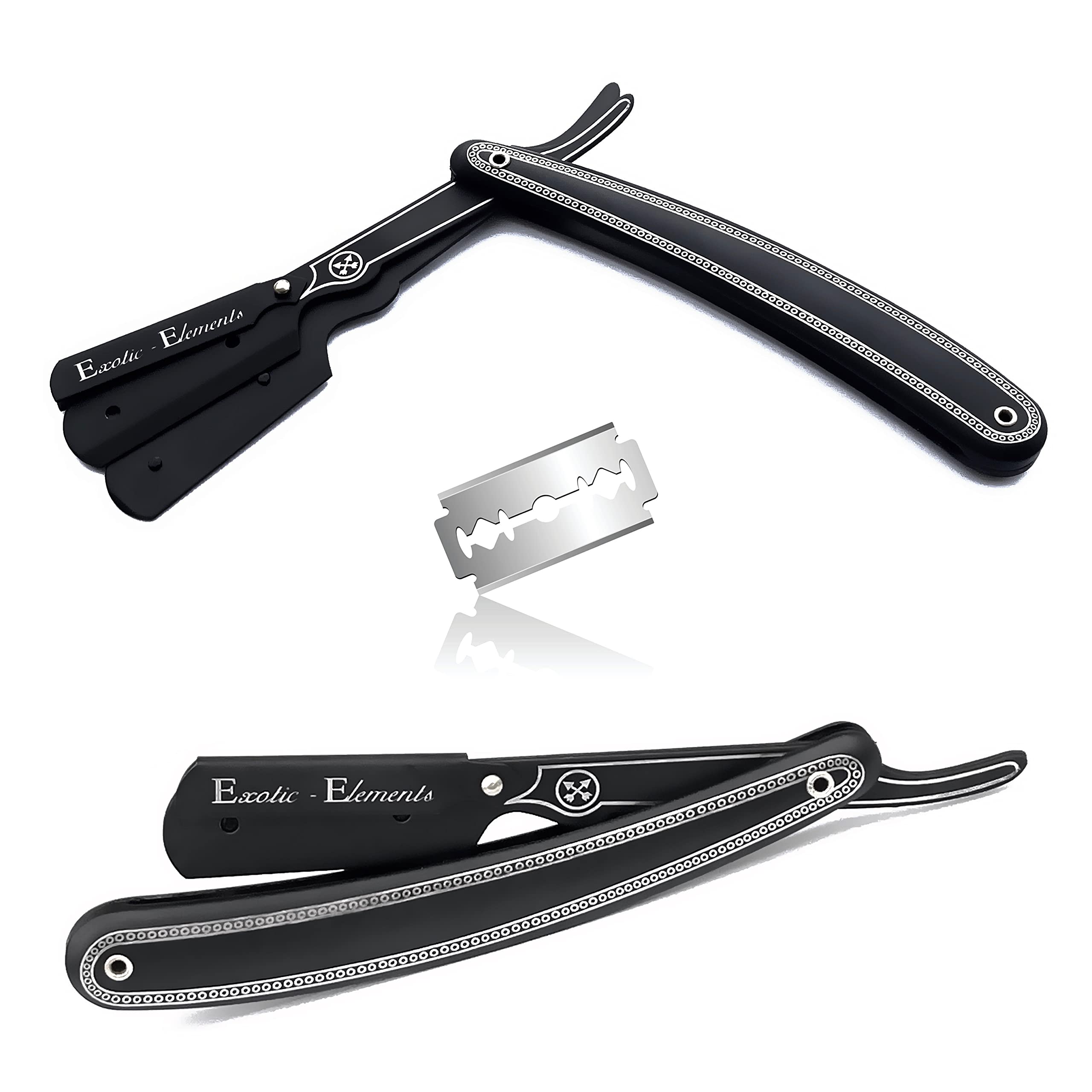 Stainless Steel Barber Straight Edge Razor Blade in Black and White with Silver Design - Professional and Personal Use All Purpose Unisex Shaving Razor + Blades Included