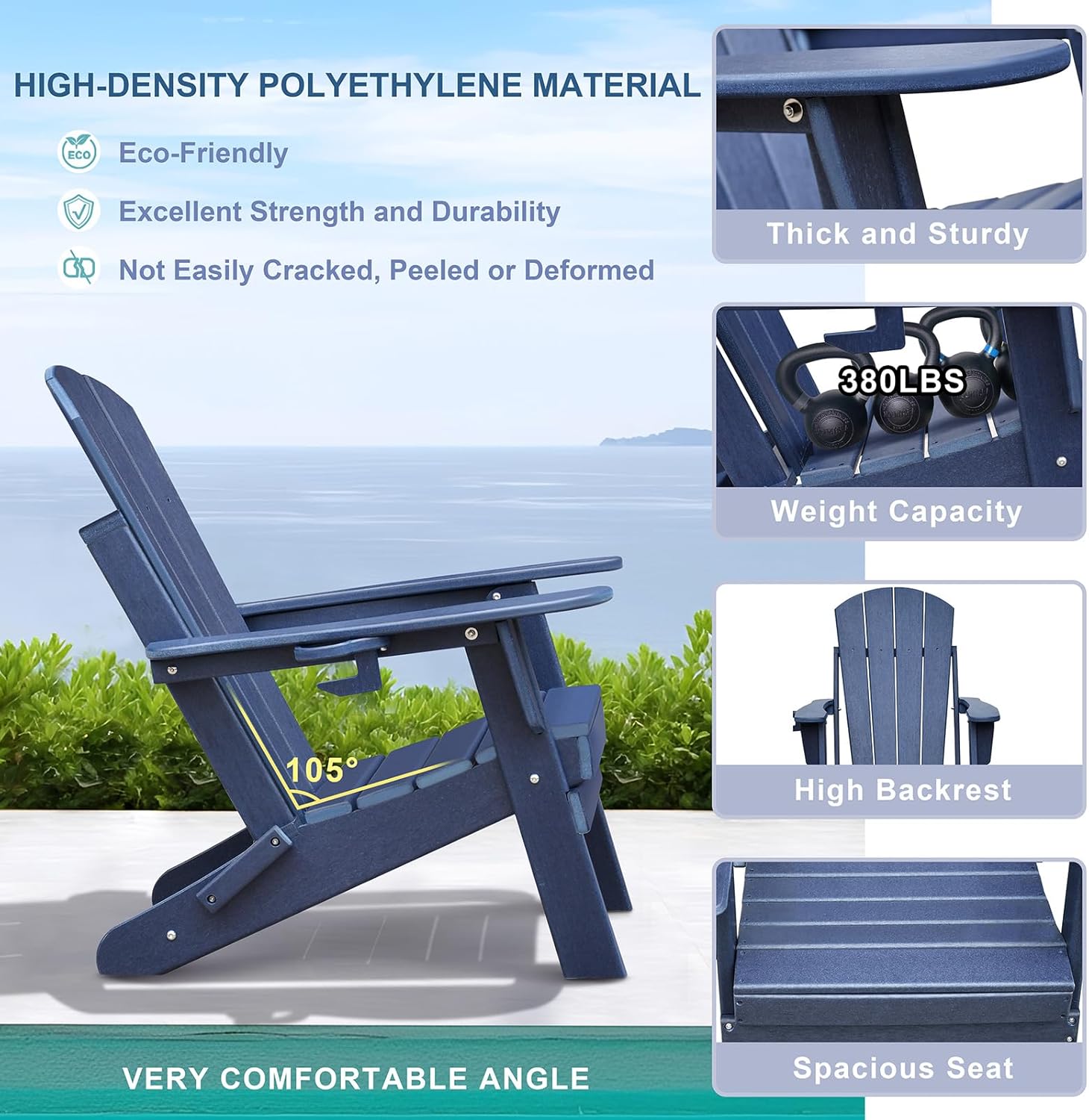 Skypatio 3 Pieces Folding Adirondack Chairs Set, Weather Resistant Adirondack Chairs Set of 2 with Cup Holder, 1 Side Table, 380 lbs Weight Capacity Portable Patio Fire Pit Chairs (Navy Blue)