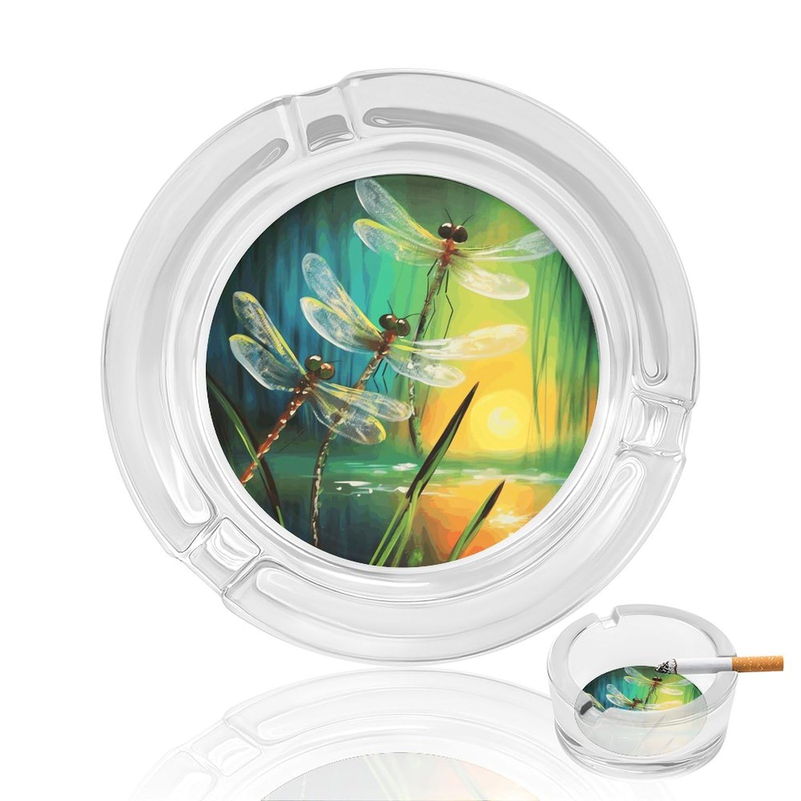 Fekiloot Men's Style Dancing With Dragonflies Glass Ashtray For Cigarette Cigar,Cigarette Ashtray For Indoor Or Outdoor Use,Cigar Ashtrays With 3 Notches-Glass Decor Gift For Smokers
