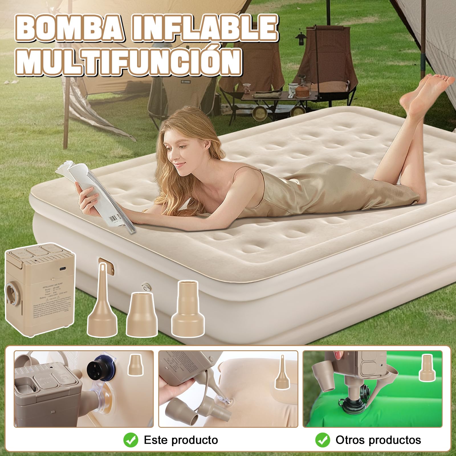 Charmofun Colchón Hinchable Matrimonio, Cama de Aire con Bomba Eléctrica, Colchón Inflable Rápido en 3 Minutos, Cama Hinchable 200×154×43cm Autohinchable para Camping O Uso DoméStico