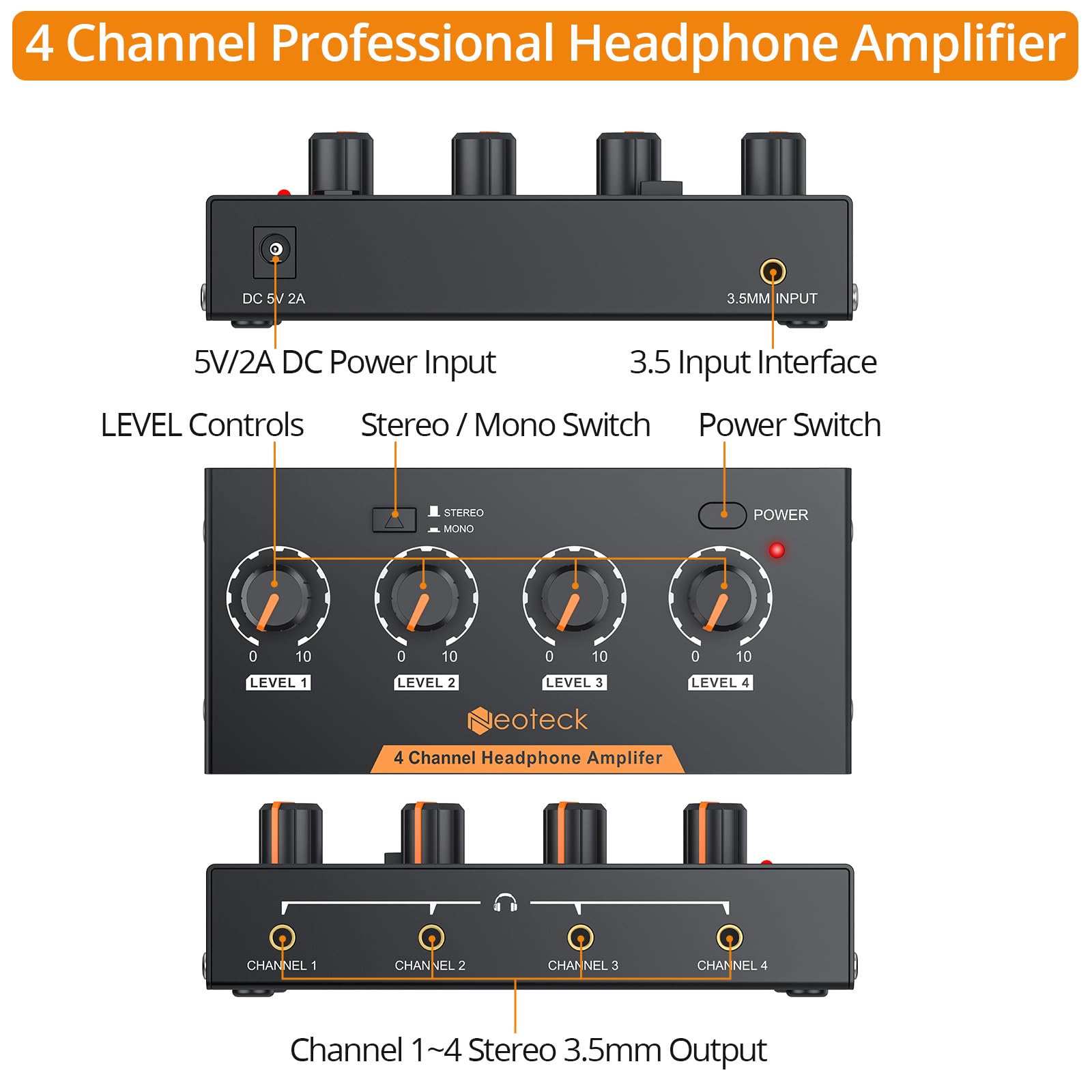 Neoteck Amplificadores para Auriculares 4 Canales Amplificador de Auriculares Estéreo con Control de Volumen y 3,5mm Cable de Audio Amplificador Estéreo de Metal para Grabaciones Mezclas