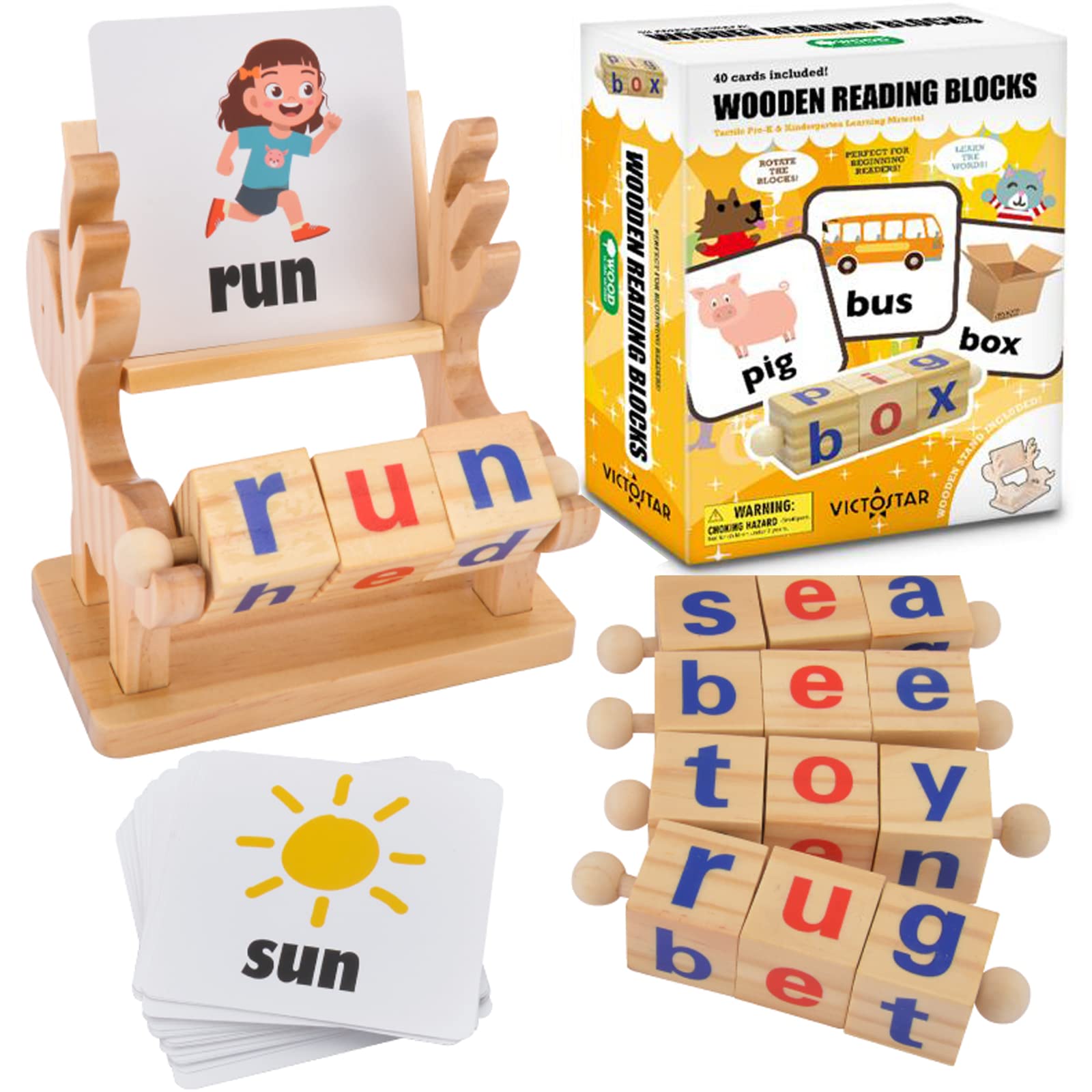 Amazon.com: Victostar Wooden Reading Blocks Short Vowel Spelling  Games,Flash Cards Turning Rotating Matching Letters,Montessori Learning Toy  with Everyday Words Book for Preschool Boys Girls : Toys & Games