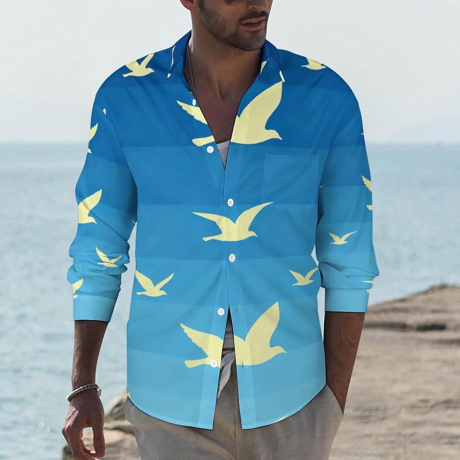 Men's Shirt Casual Wrinkle Free Long Sleeve Button Down Shirts Pocket Summer Fall Shirt Jacket