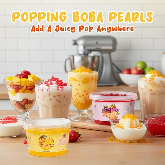 Sip'n Pearls Bursting Tapioca Pearls | Ready to Eat Fruit Juice Popping Pearls for Drinks, Desserts, Bubble Tea, Yogurt, Smoothies (Mango)