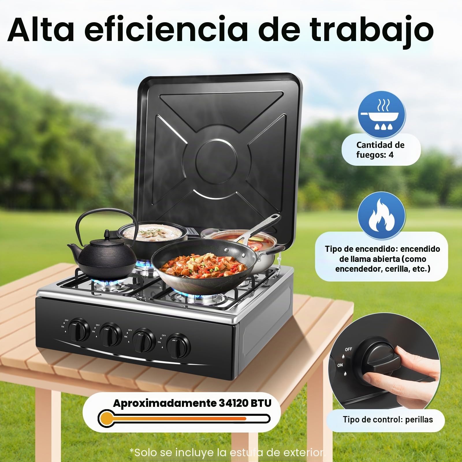 Cocinera de Gas de 4 Quemadores, Rechaud de Gas Portátil, Hornillo de Camping, Hornillo de Gas Independiente, Placa de Cocina con Doble Armario, Para Camping, Casa, Restauración, Uso Exterior e