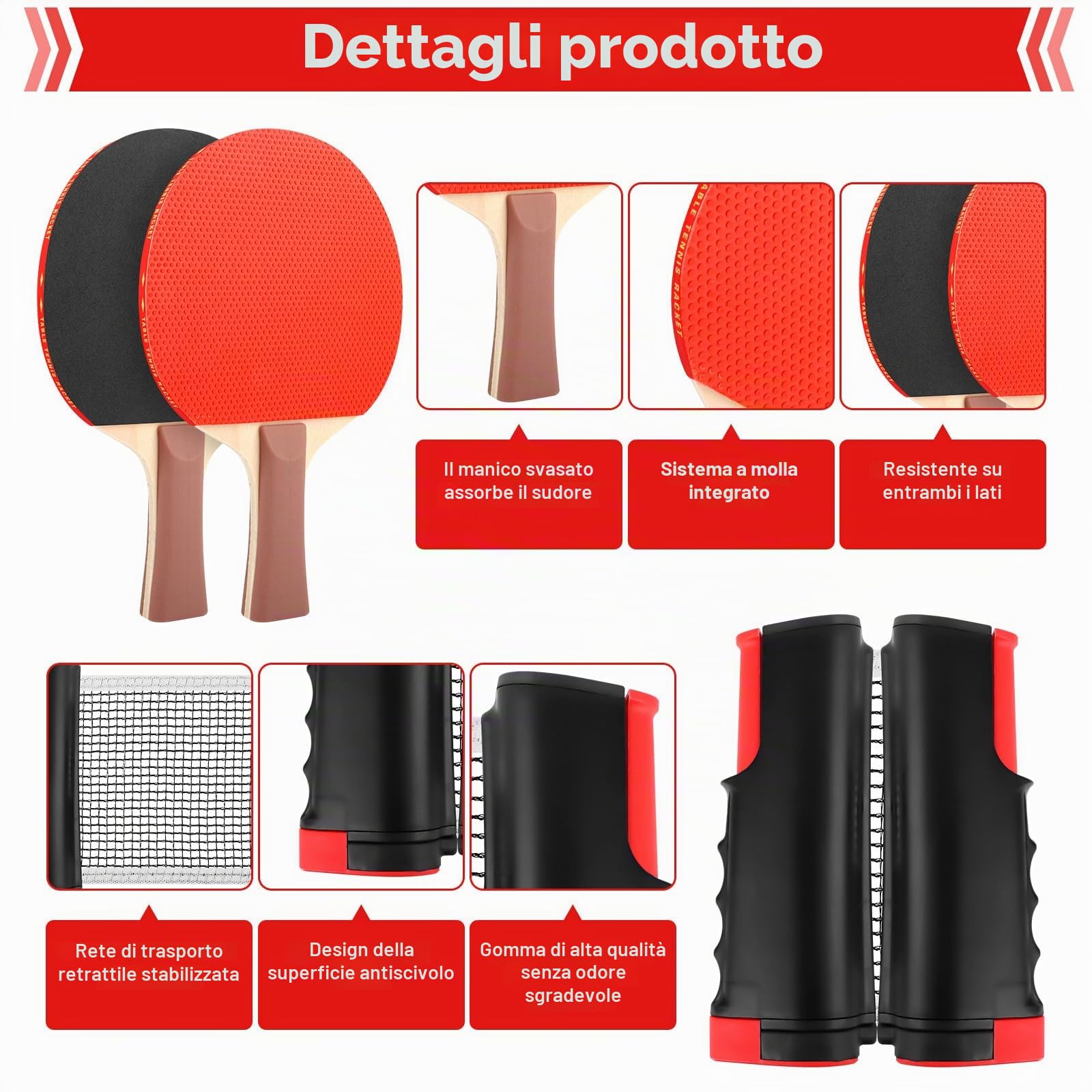 Set di racchette da ping pong professionale, rete da tavolo con rete per bambini, 2 racchette da ping pong + rete retrattile, 3 palline da ping pong, 1 borsa a rete