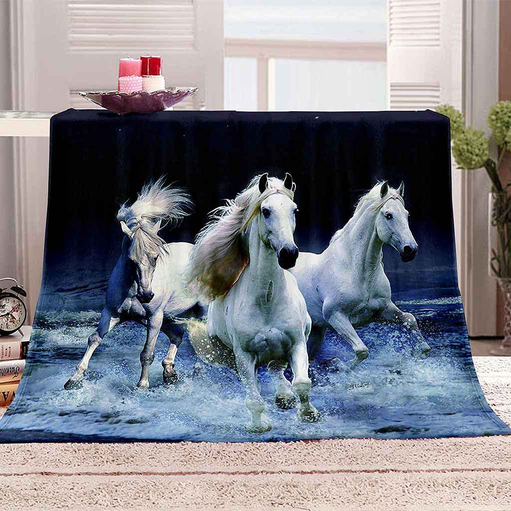 Couverture polaire cheval motif animal bleu idée cadeau doux 150x200cm