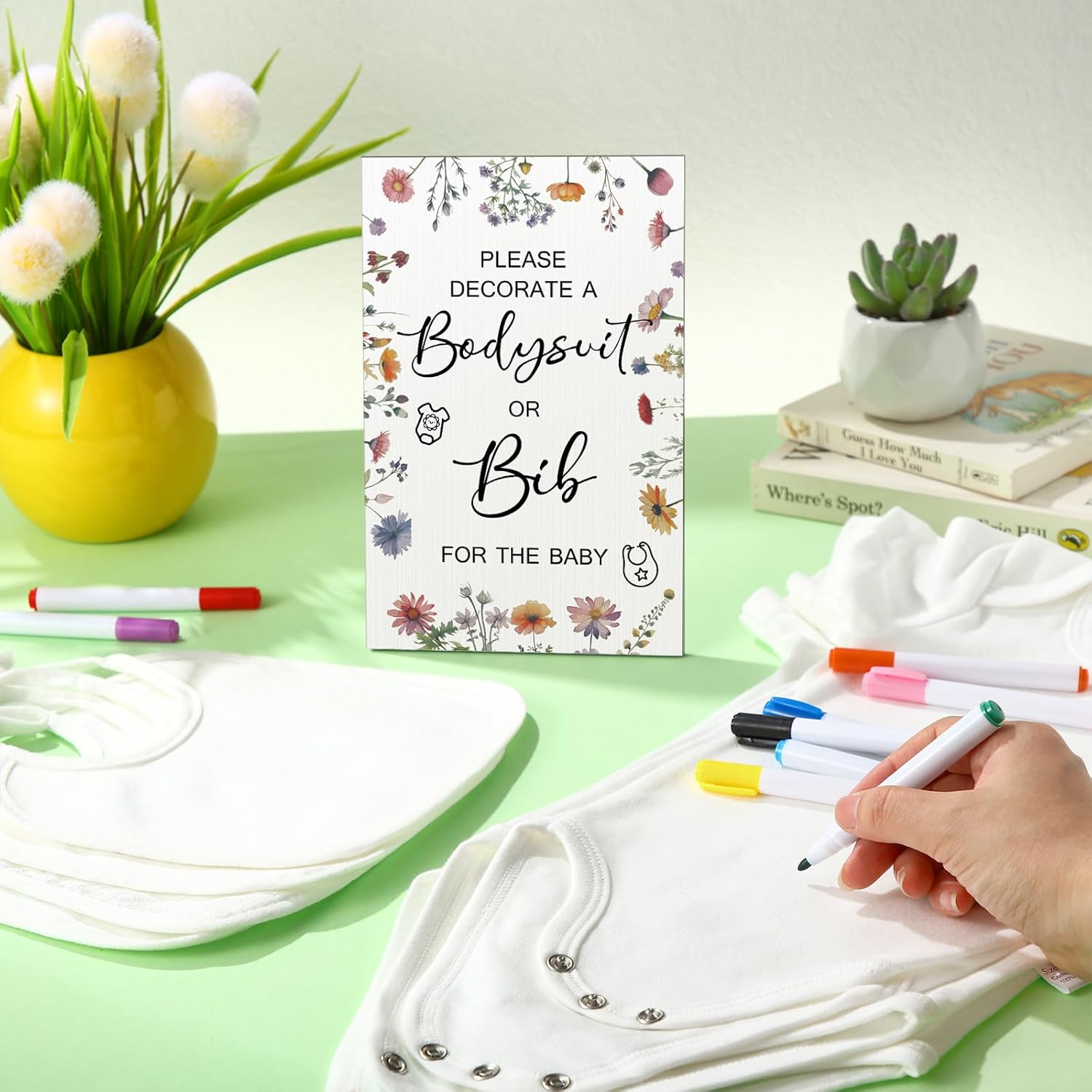 Roowest 35 Pcs Baby Shower Bibs Games Design Wooden Baby Shower Party Game Sign DIY Bodysuit Sign 15 White Blank Bibs 9 Bodysuit 10 Markers for Party Supplies(Wildflowers)