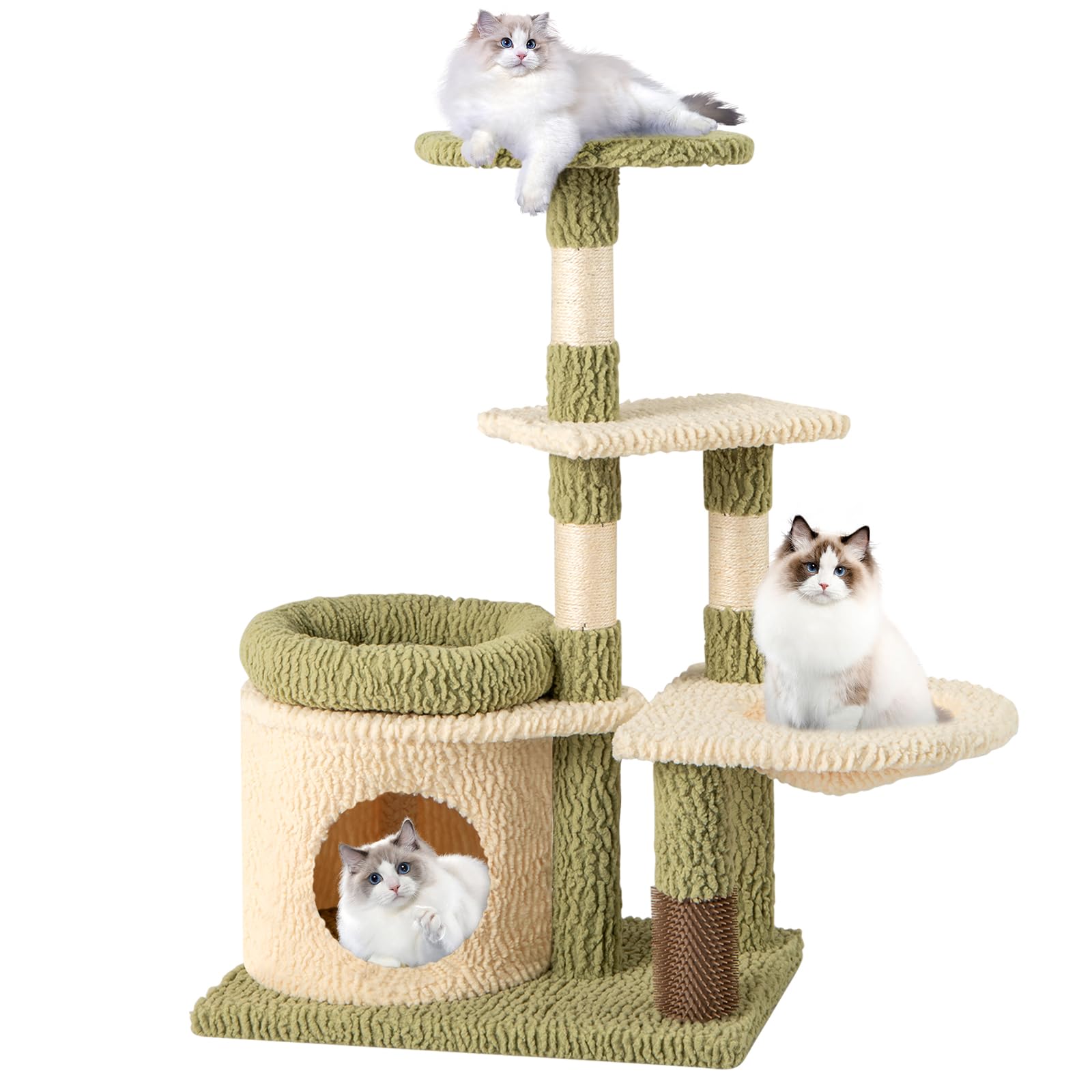 COSTWAY Tiragraffi per Gatto Alto 100 cm, Albero Tiragraffi Gatto con 3 Pali in Sisal, 4 Piattaforme e Grotta, Cuccia Albero Gatto Rivestito in Peluche, Verde e Bianco