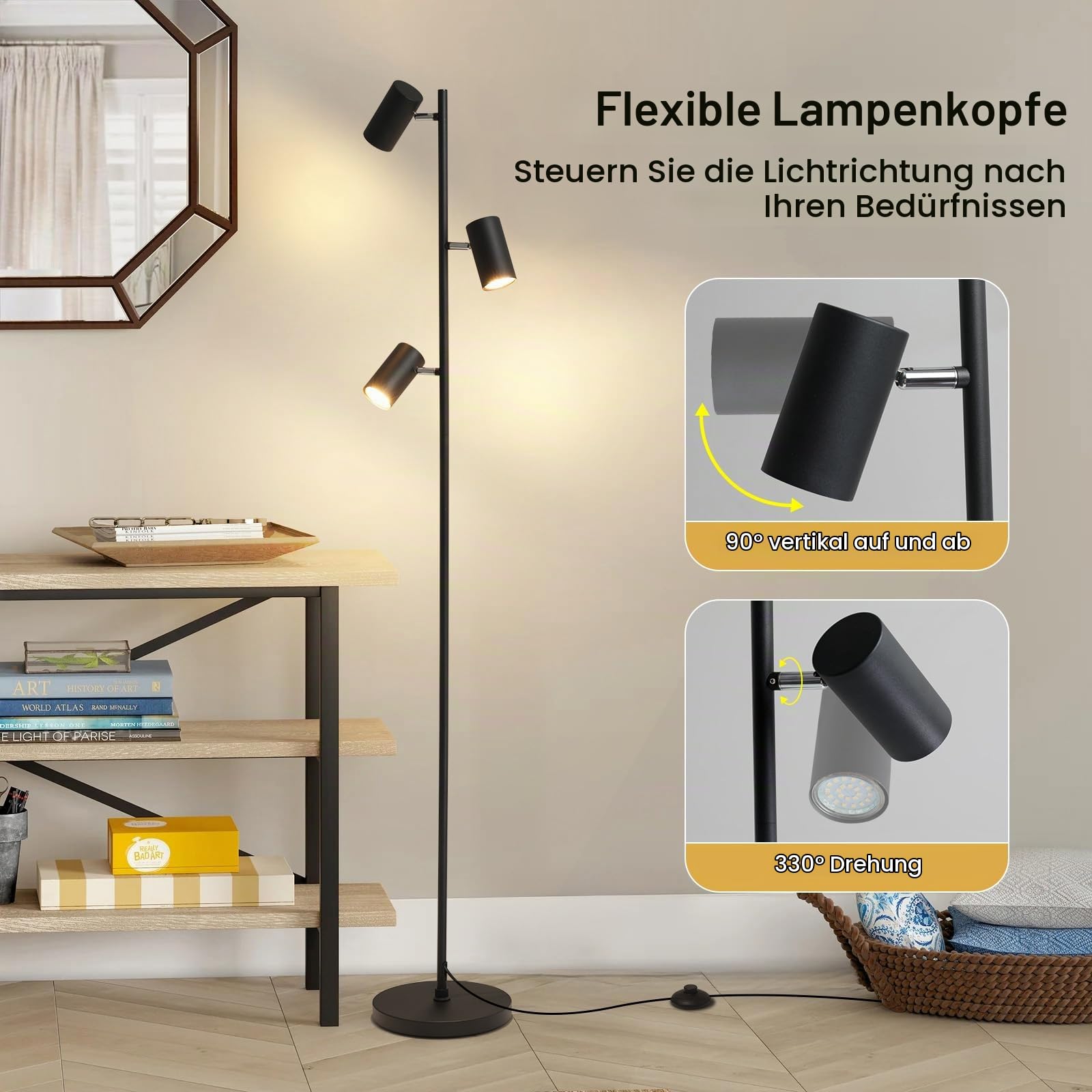 Stehleuchte Luvio 3-flammig GU10 | Schwarz, Minimalistisches Design, Verstellbare Strahler | Ideal für Wohnzimmer, Schlafzimmer und Home-Office