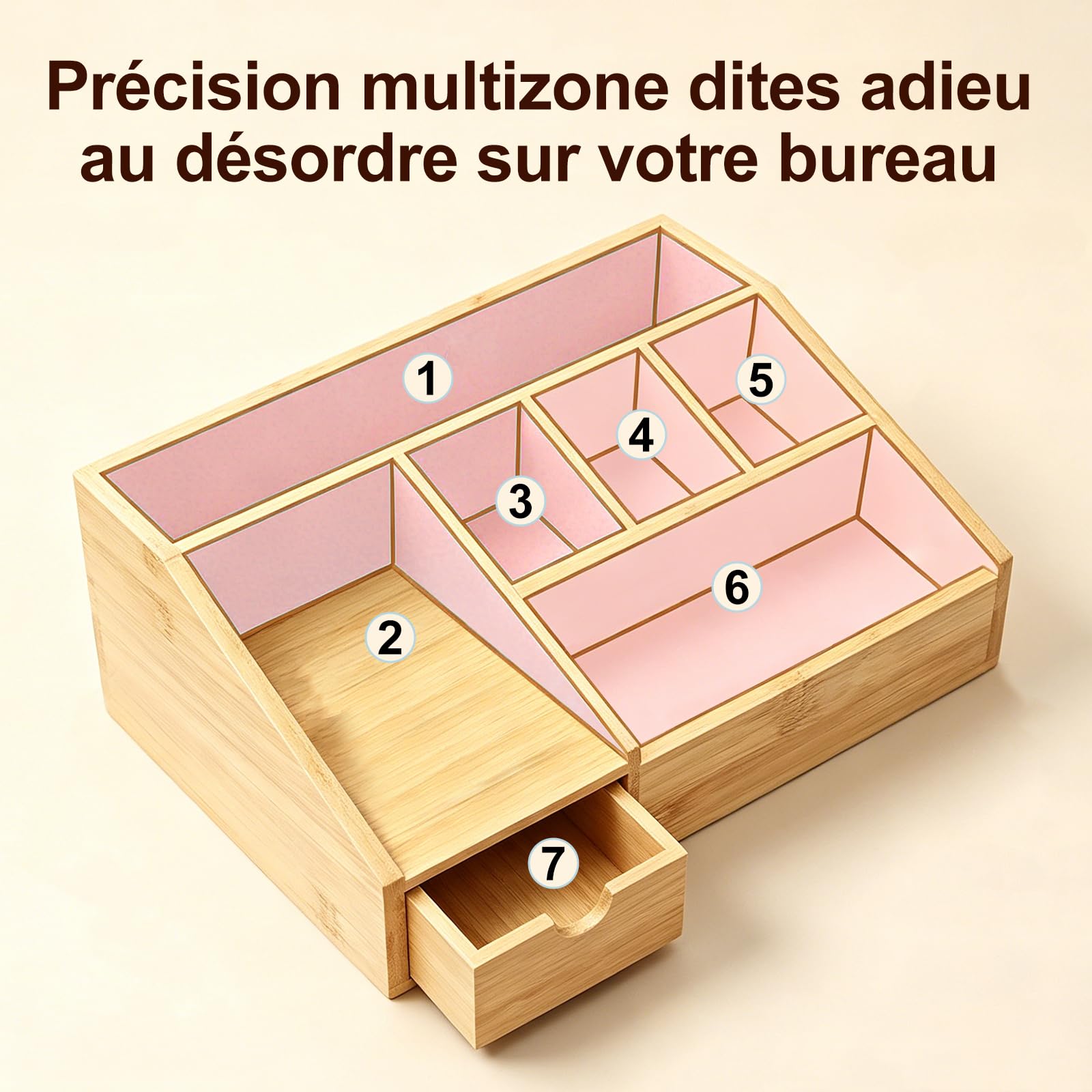Organiseur de Bureau en Bambou avec Tiroir – Boîte à Crayons, Design Trapézoïdal, Rangement pour Home-Office, Couleur Naturel