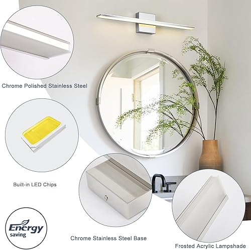 Miniatura 4 de Lámparas de baño modernas regulables, luces LED cromadas para espejo Bathover de 24 pulgadas, apliques de tocador de interior de 16 W, iluminación