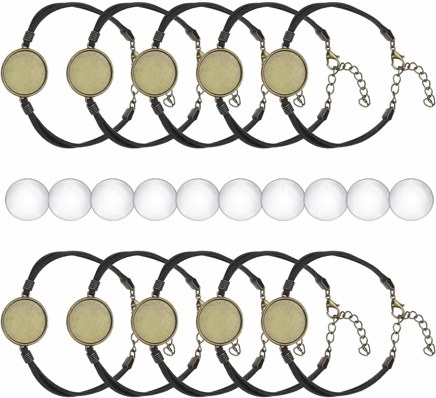 MECCANIXITY Bracelet Blanks for Jewelry Making 10pcs 20mm Black/Bronze Color Adjustable Alloy Bezel Bracelet with 20mm Clear Glass Multi
