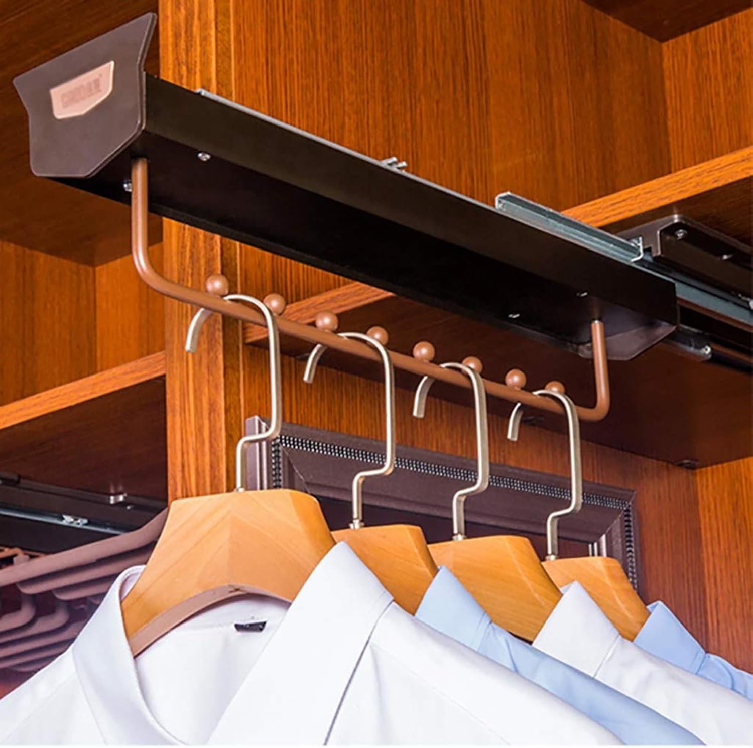 Extendable Pull-Out Closet Rod - Space-Saving Wardrobe Organizer, Metal Sliding Clothes Hanger Rack, Trousers & Garment Storage Solution, Brown Finish