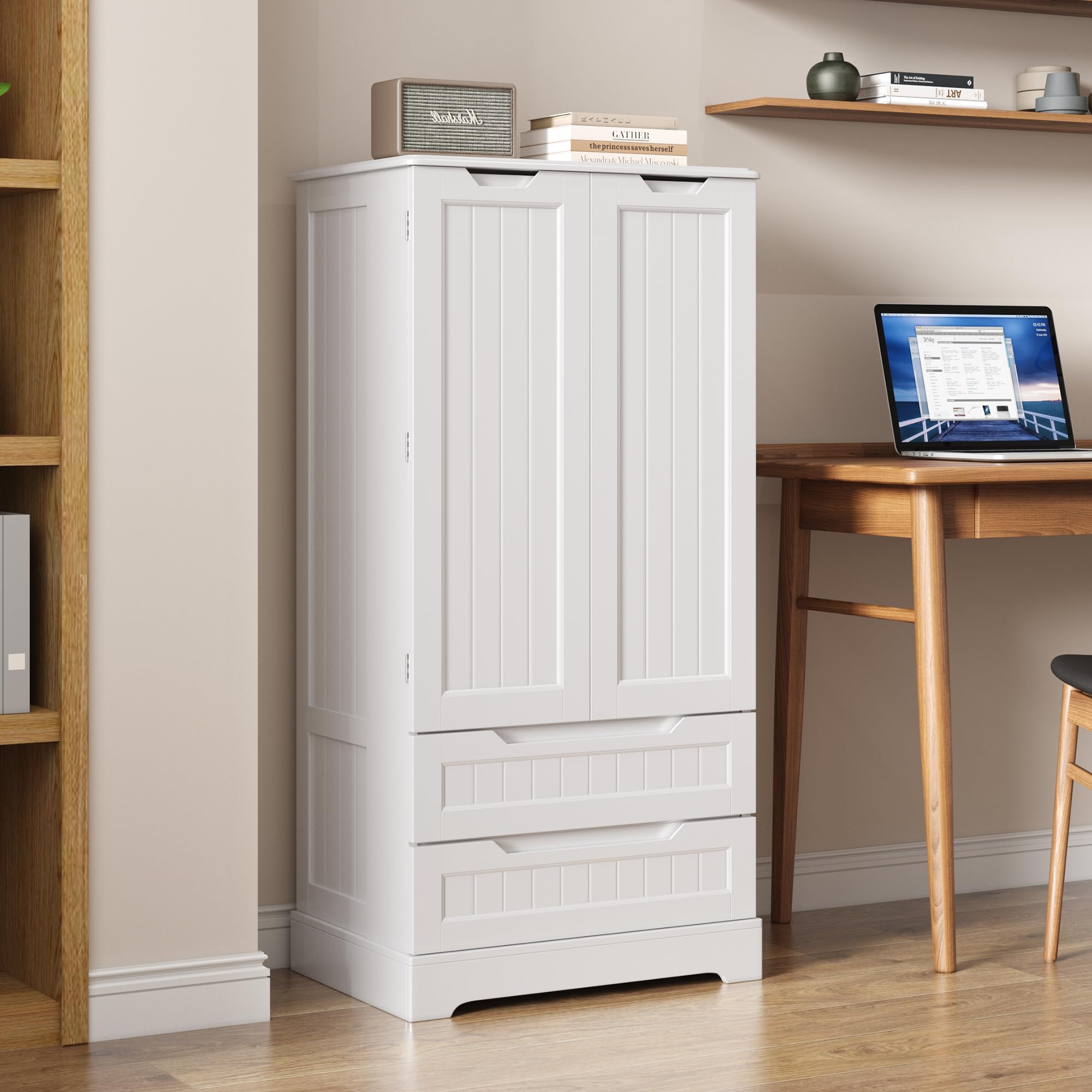 Bealife Hochschrank, Küchenbuffet mit 2 Schubladen und 2 Türen, Freistehender Küchenschrank für Küche, Esszimmer und Wohnzimmer, Weiß