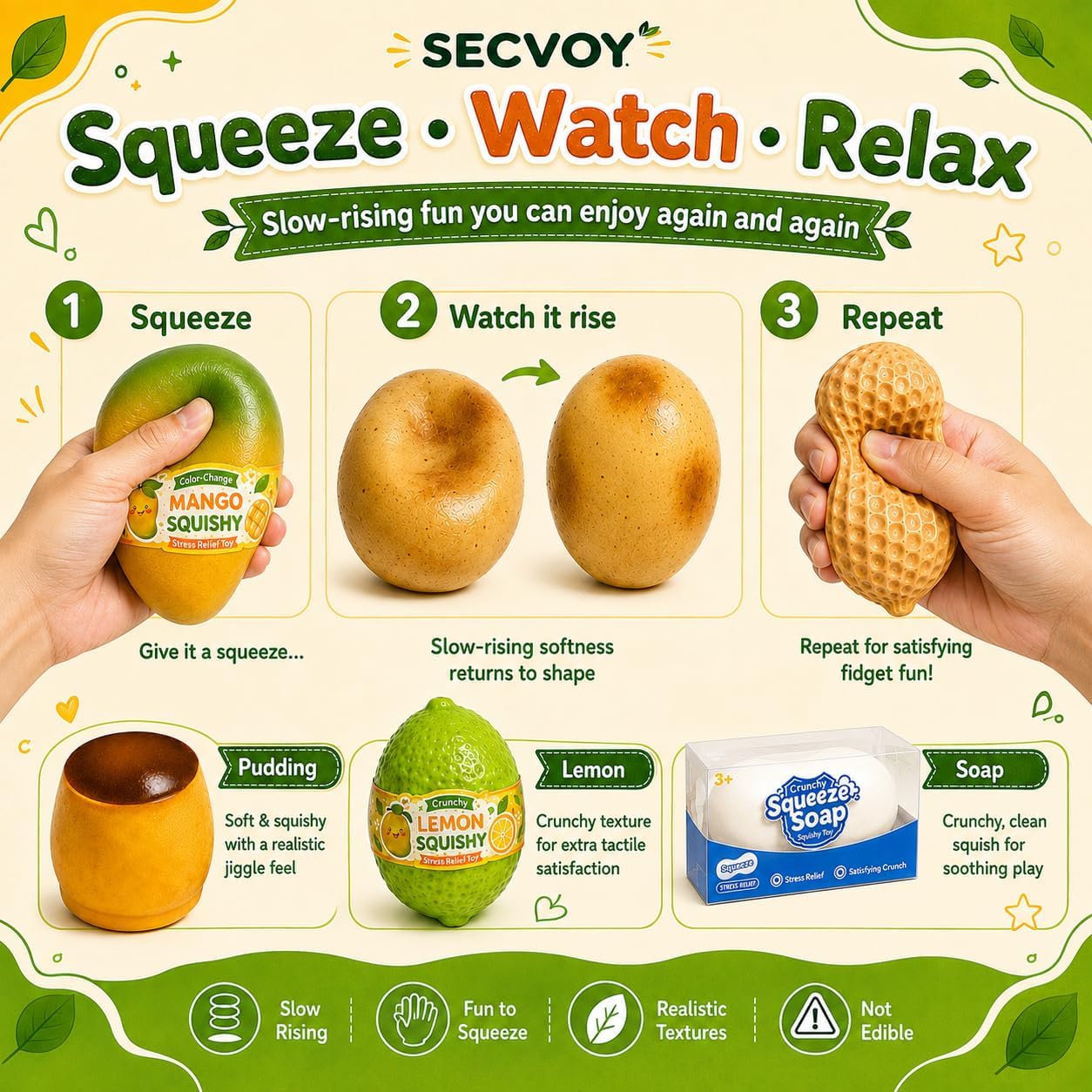 6 Pack Crunchy Squishy Set, Slow Rising Crunchy Squishies ASMR Filled, Squeeze Stress Relief Balls for Adults, Includes Pudding Mango Potato Lemon Soap Peanut image 5