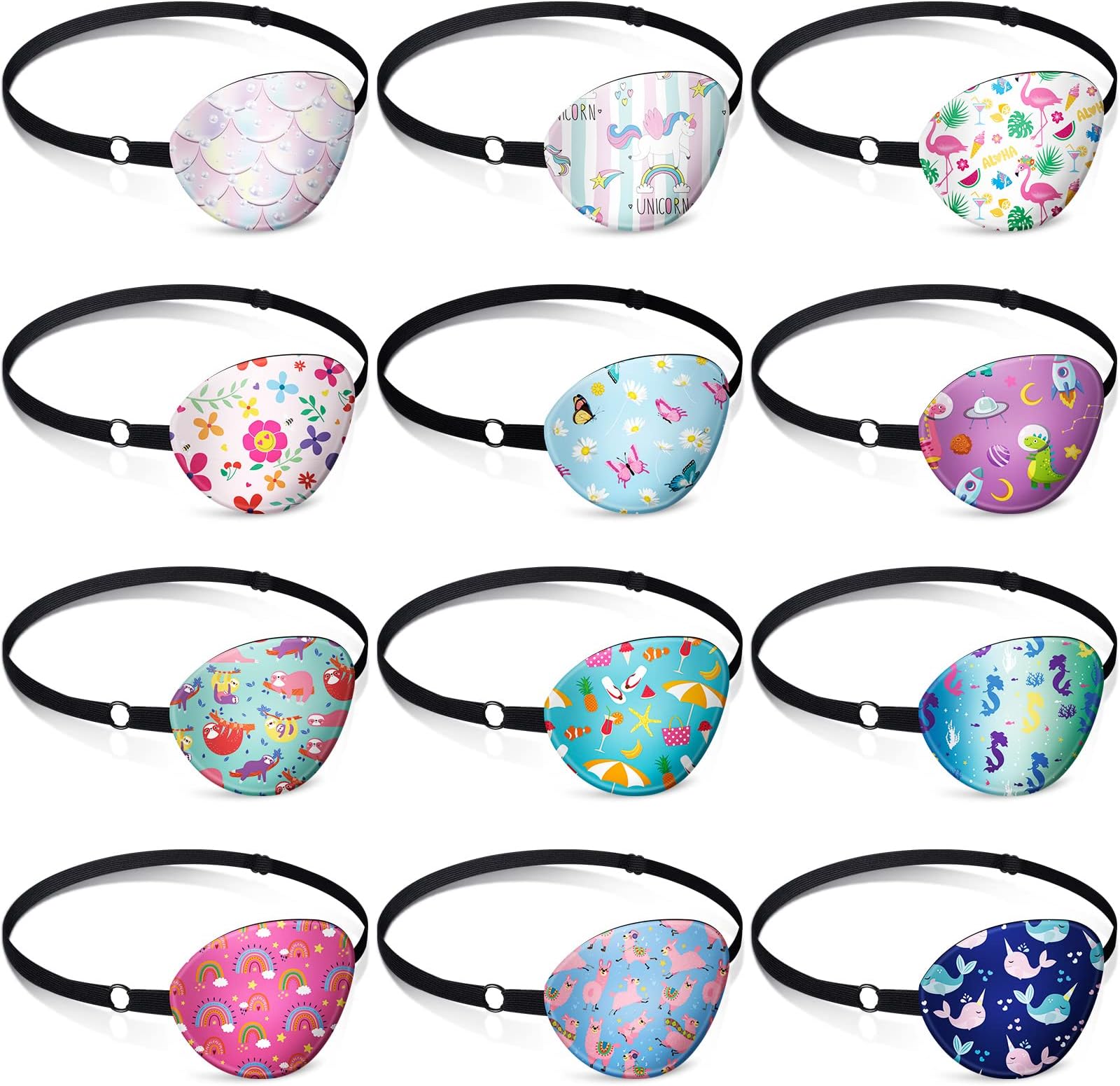 12 Pcs Eye Patches for Kids Adjustable Single Eyepatch Reusable Cute Soft Girl Boy Eye Patch with Elastic Strap Cotton Colorful and Fun Designs for Left or Right Eyepatch, Various Patterns