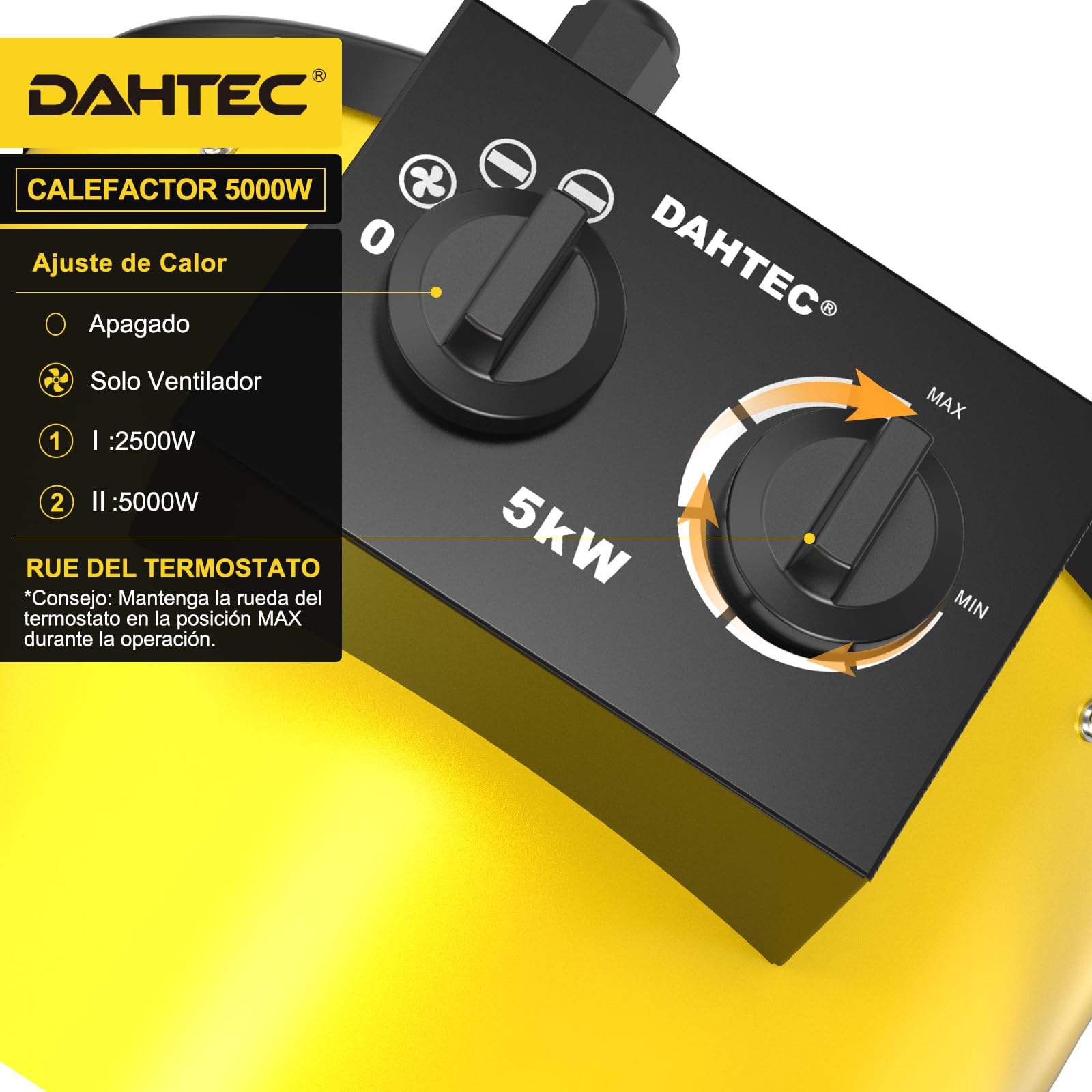 Calefactor Industrial 5000W - Calentador Aire Caliente Portatil - con Ajuste de ángulo de 0 a 25° y Termostato - Apto para Construcción, Garaje e Invernadero