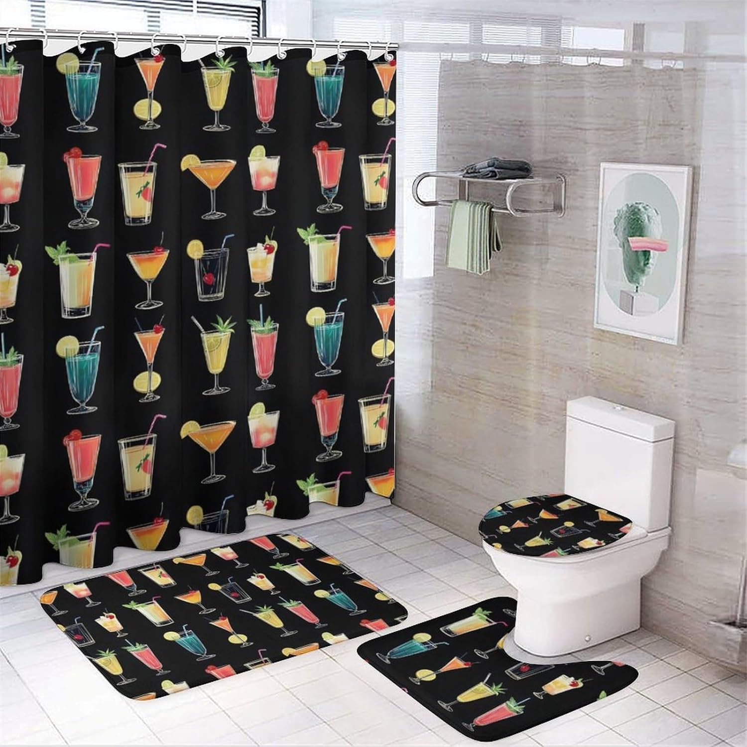 4 Pcs Bathroom Sets with Shower Curtain and Rugs - Fashion Modern Colorful Cocktail Print Bathroom Mat Set Decor Accessories for U Shape and Toilet Lid Cover Mat with 12 Hooks
