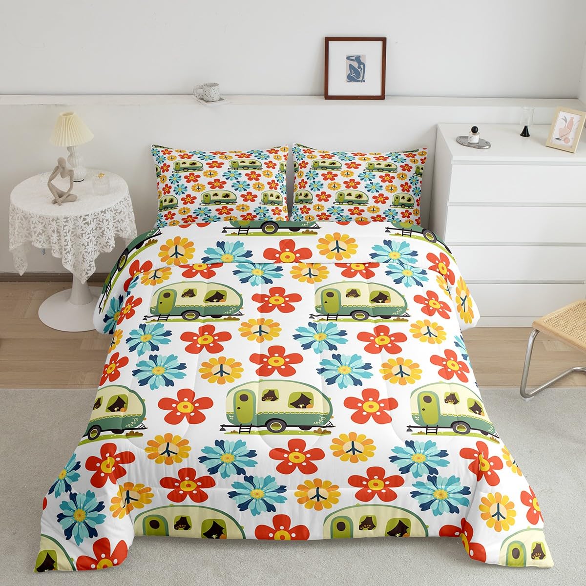 Erosebridal Camping Duvet Insert Retro 60s 70s Groovy Flower Comforter Set for Women Adult Girls,Green Camper Bedding Set Peace Sign Quilt Queen,1960's 1970's Hippie Disco Camping Decor for Camper
