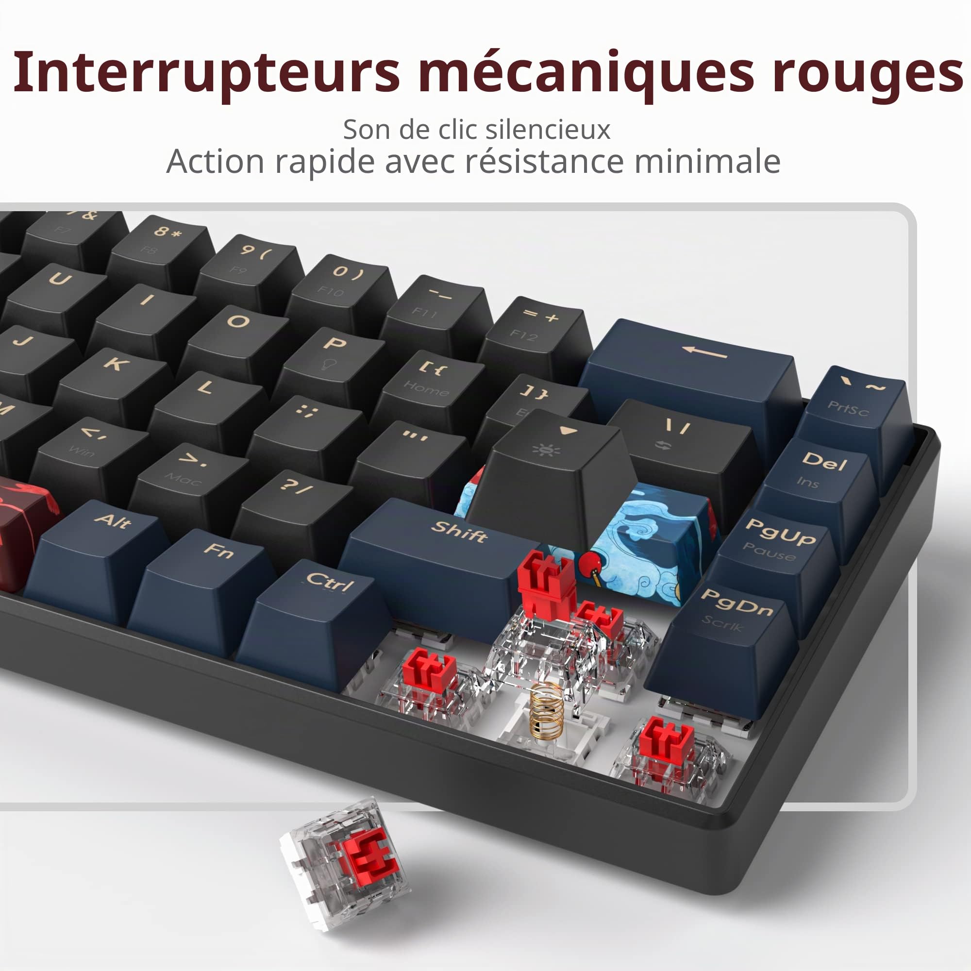 SOLIDEE Clavier de jeu mécanique 65%, 68 touches avec interrupteurs linéaires rouges, filaire avec rétroéclairage LED, lumière mixte, compact (68 Black-Blue)