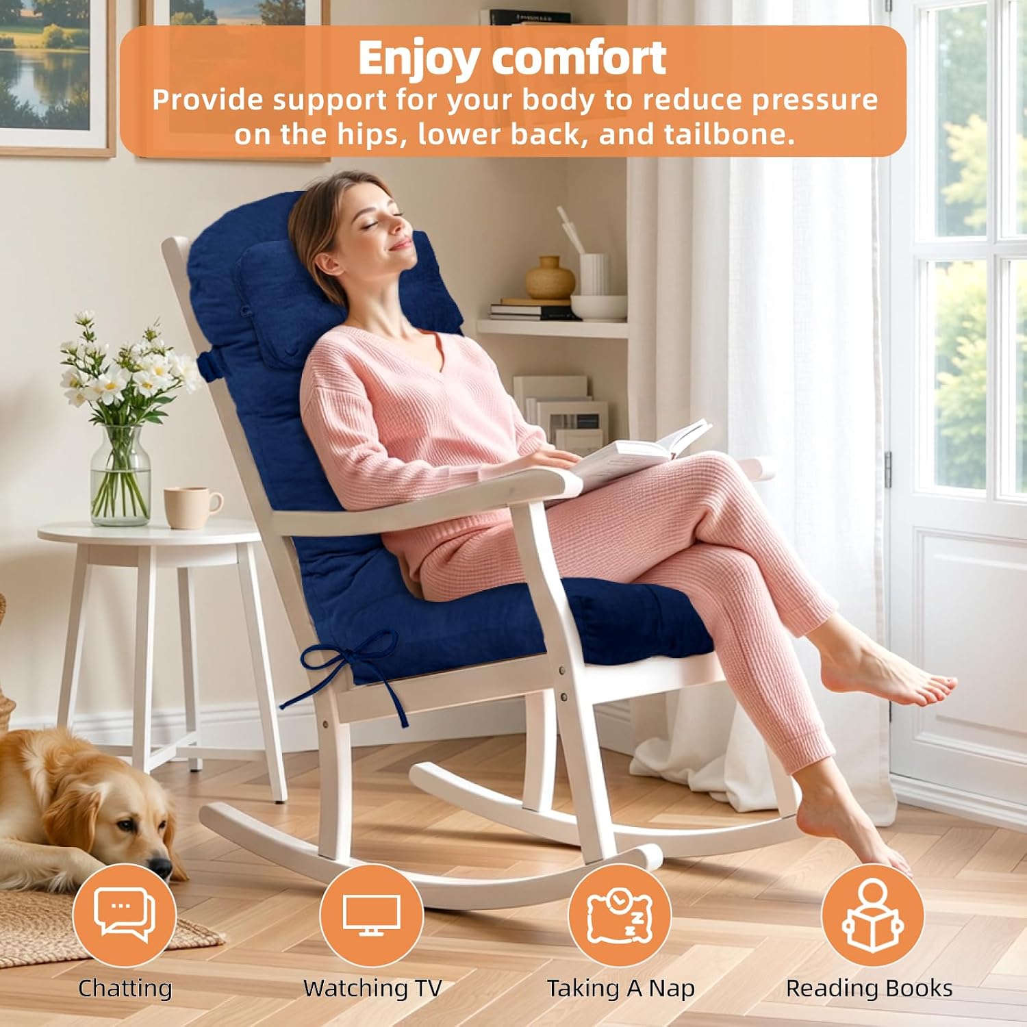 Rocking Chair Cushion with 2-in-1 Neck & Lumbar Pillow – Soft Tufted Chenille Fabric, Non-Slip, Secure Ties, for Nursery Glider, Adirondack, Indoor Rocker, 44"x19"x4" Seat Pad + Pillow, Deep Blue