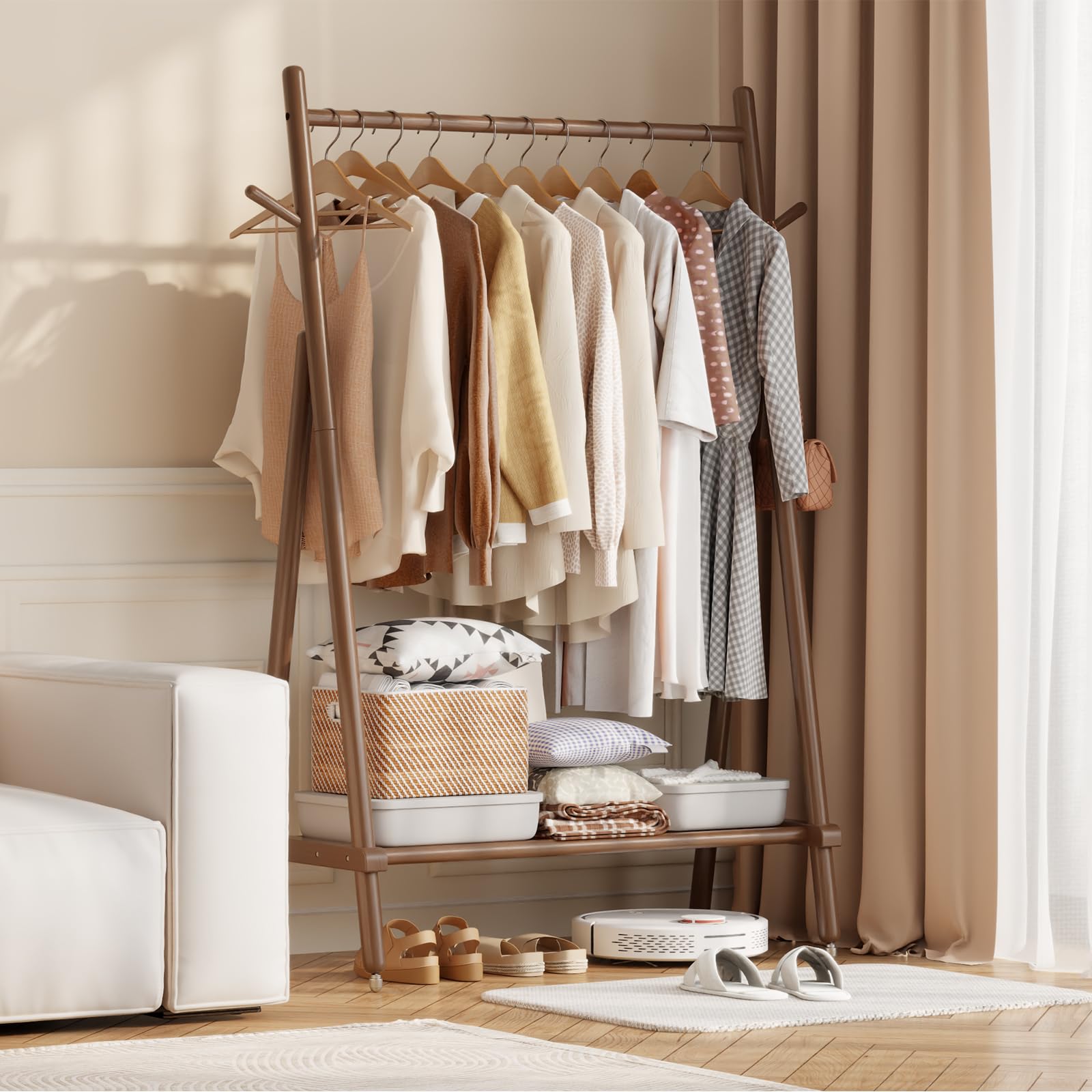 AQIMUELE Stand Appendiabiti con Ruote, Attaccapanni in Legno, 43 x 100 x 157 cm, Appendiabiti da Terra, Resistente, Facile da Montare e Spostare, con Supporto per Scarpe (Noce)
