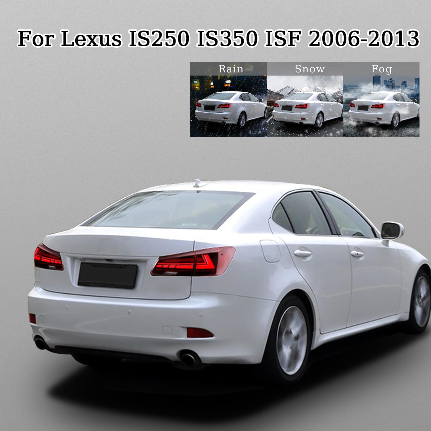 Lexus IS sedan with tail lights in various weather conditions (rain, snow, fog)