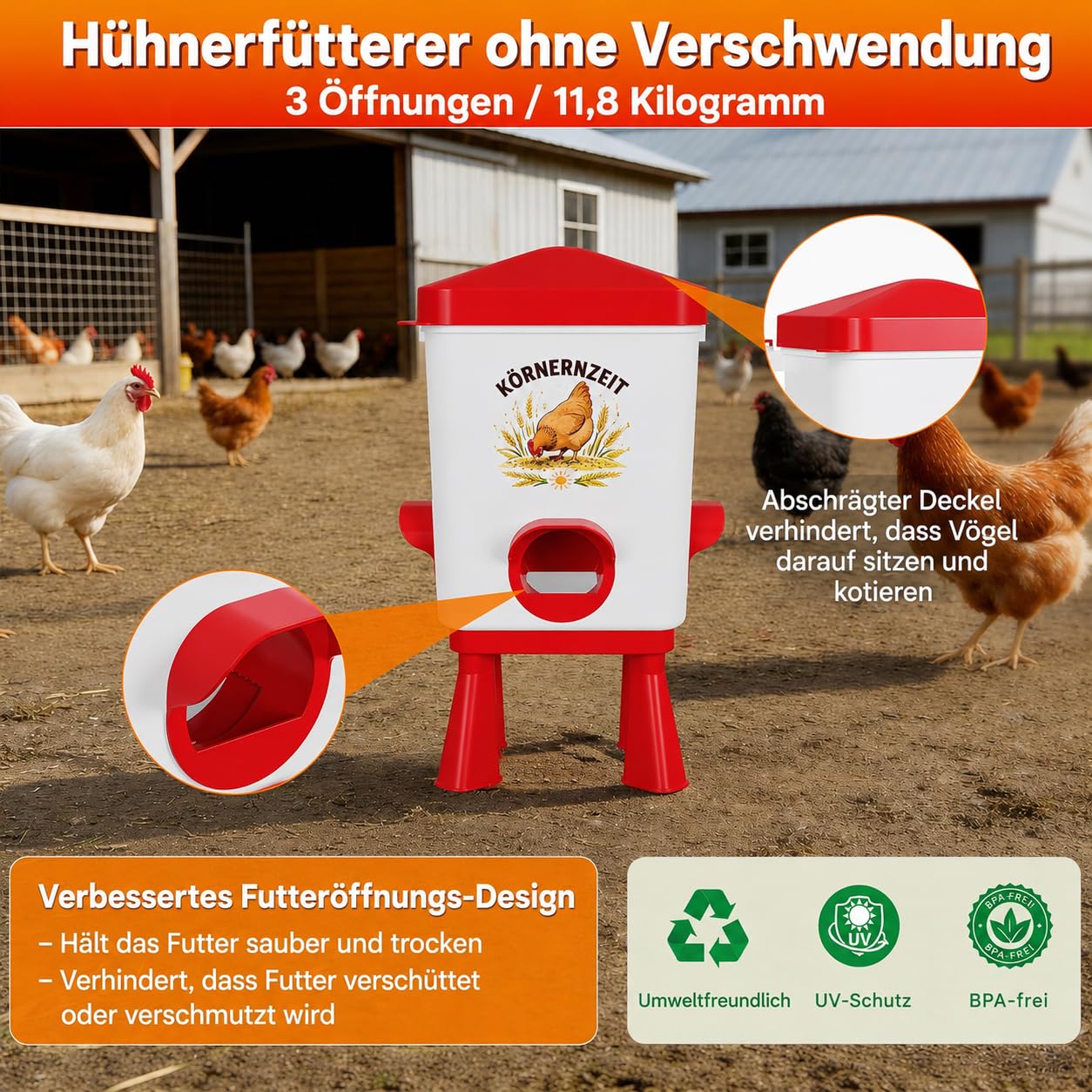 Automatischer Futterautomat Hühner 12KG & Hühnertränke 11.4L mit Schwimmerventil, Geflügeltränke, 4 Näpfe, 3 Anschlüsse, Wassertränke Futterspender Hühner, Zubehör für Stall, Tauben, Wachteln (Rot)