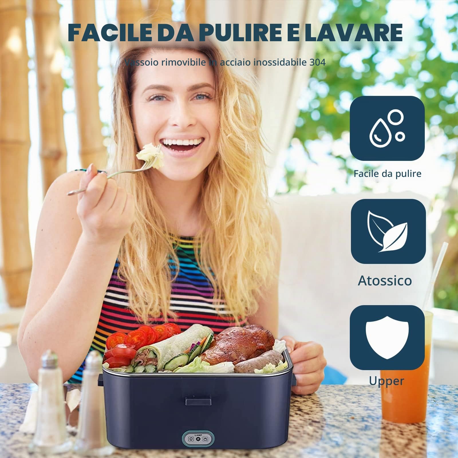 mumisuto Scaldavivande Elettrico Portatile 60W, 3 in 1 12V/24V/220V Elettrico Lunch Box, Porta Pranzo in Acciaio Inox, con Forchetta Cucchiaio e Borsa per il Trasporto, per Auto Camion Ufficio