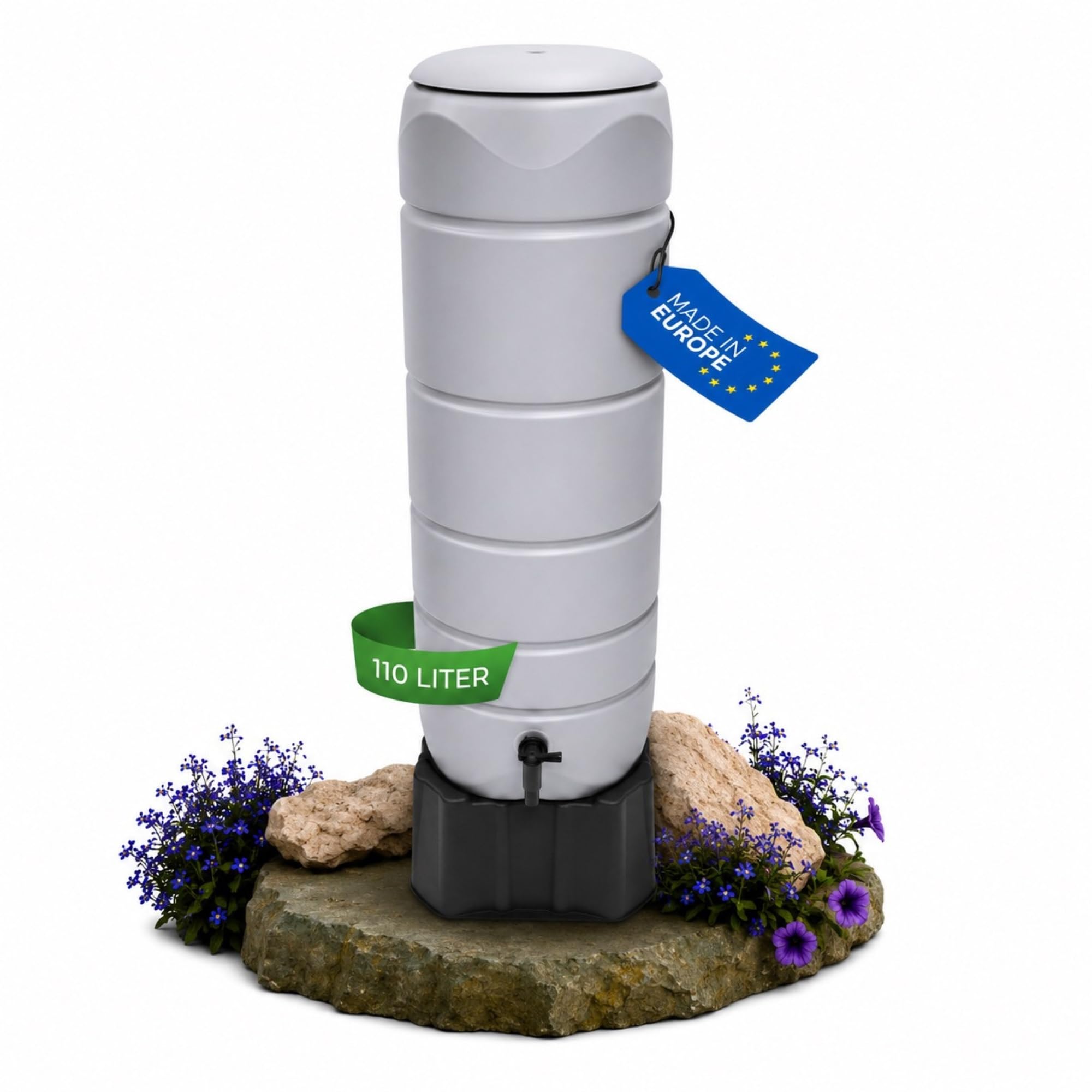 YourCasa Regentonne [CircleTower] 110L mit Standfuss, Deckel & Wasserhahn - Regenfass Frostsicher aus Kunststoff - Regenwassertonne - Regenwassertank Garten Wassertank Regensammler (Grau)