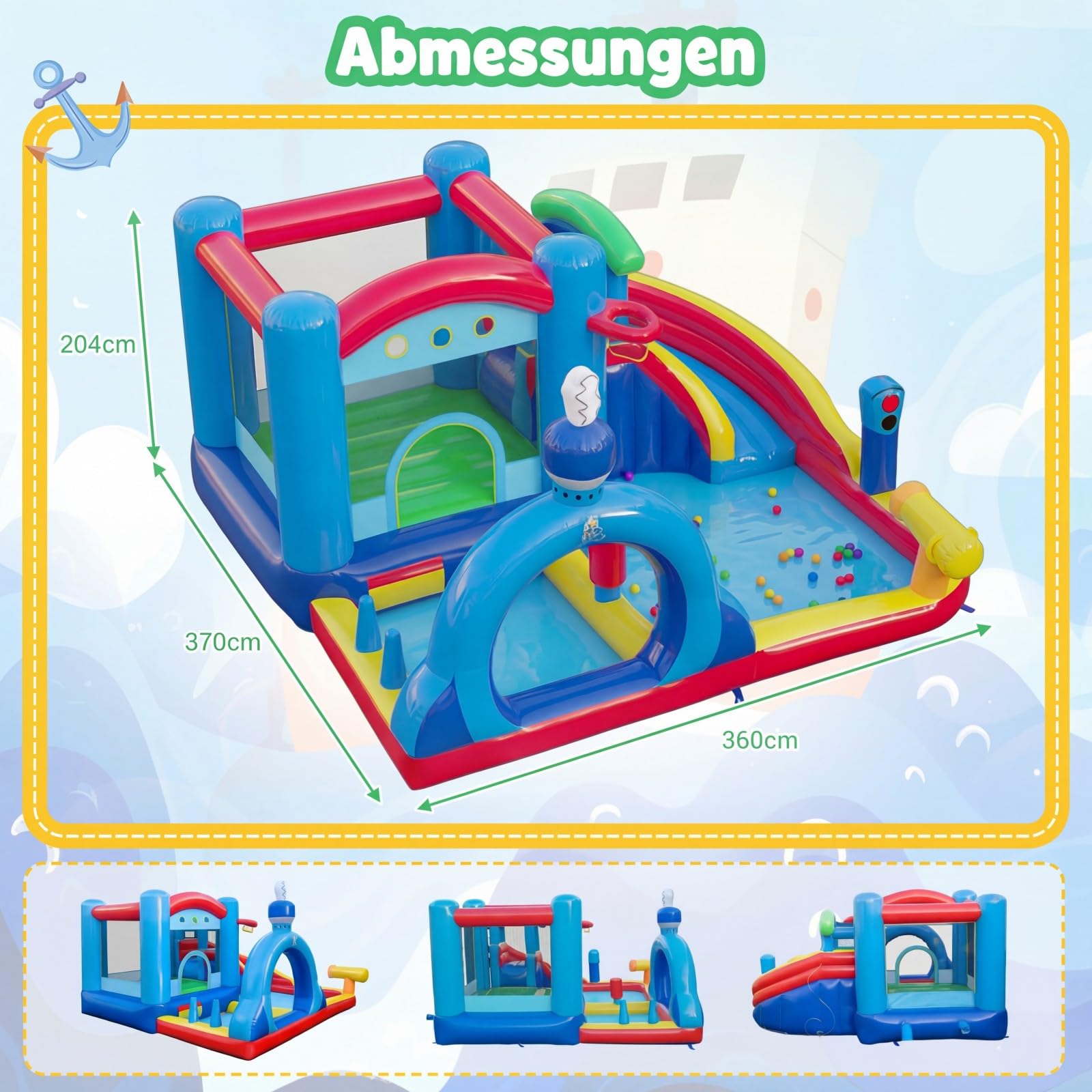 COSTWAY Hüpfburg mit Wasserrutsche, Sprungbereich, Planschbecken, Wasserkannonen, Boxsack, Ringwurfspiel, Zielspiel, Ozeanbälle & Basketball, Wasserhüpfburg für Kinder, Wasserpark für Außenbereich